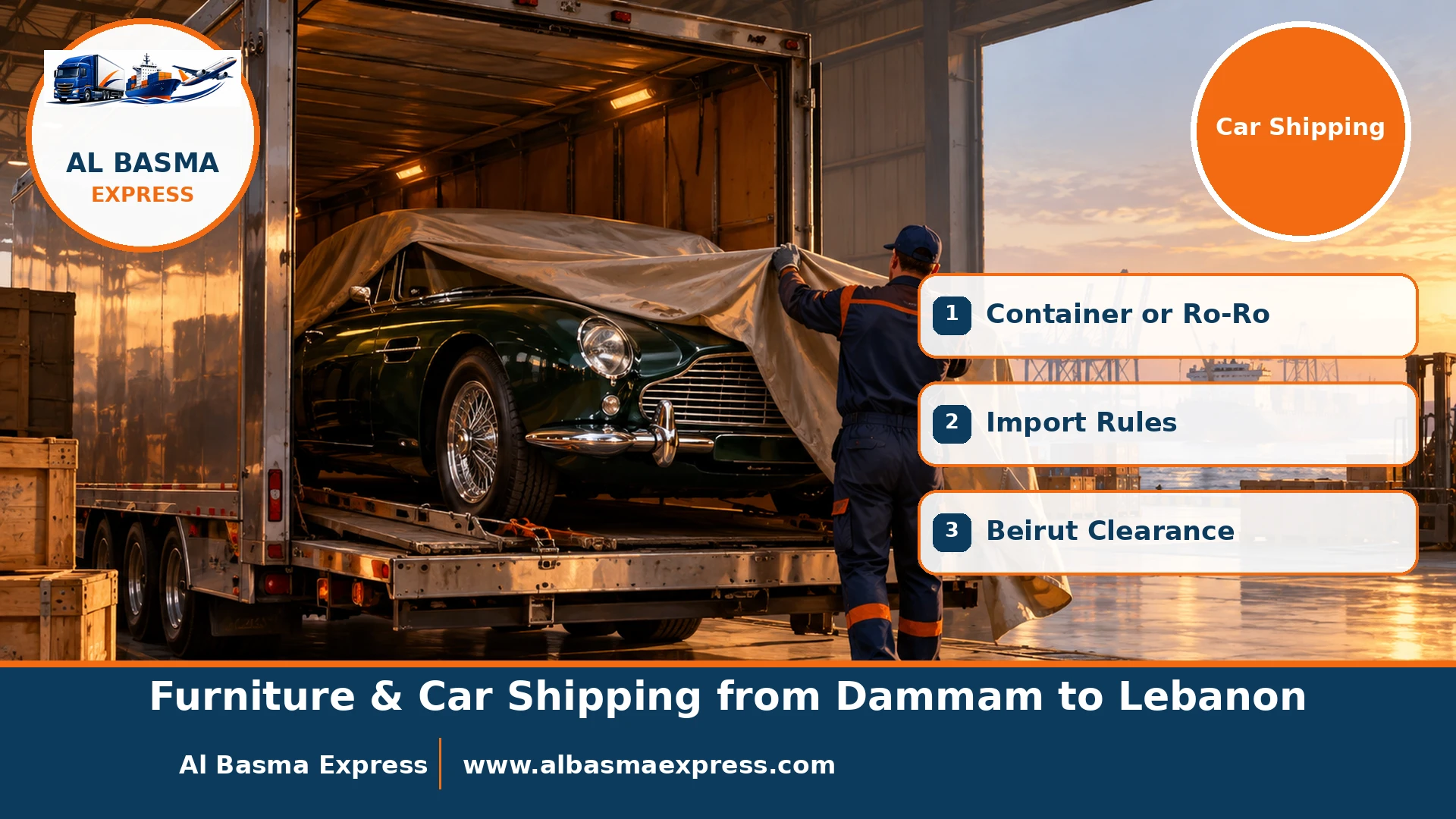 A shiny dark-green classic car on an enclosed flatbed inside a port warehouse with a worker covering it with a fabric cover