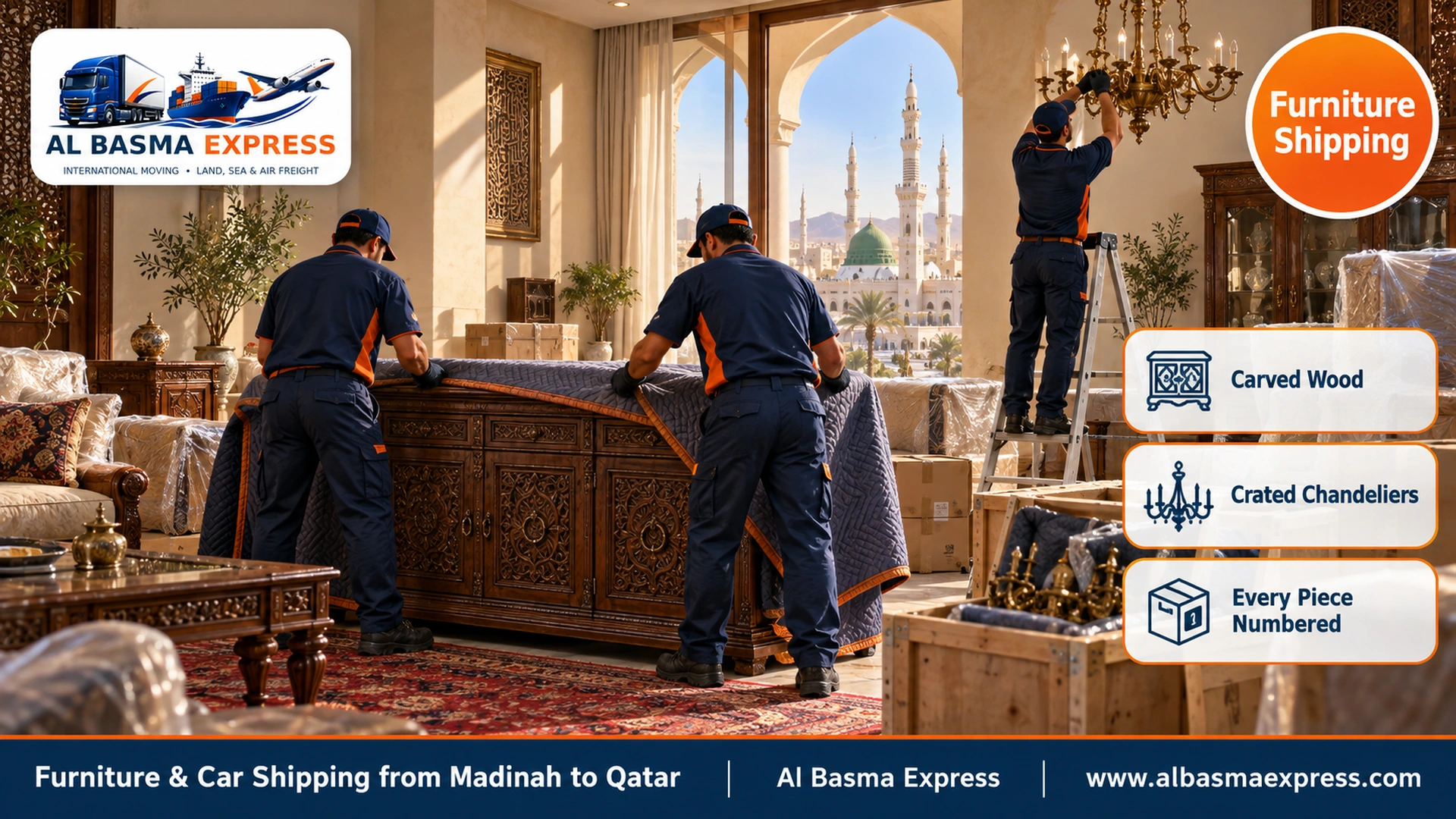 Two workers wrapping a large carved wooden sideboard in blankets while a third dismantles a brass chandelier in a living room of a Madinah villa with a red rug