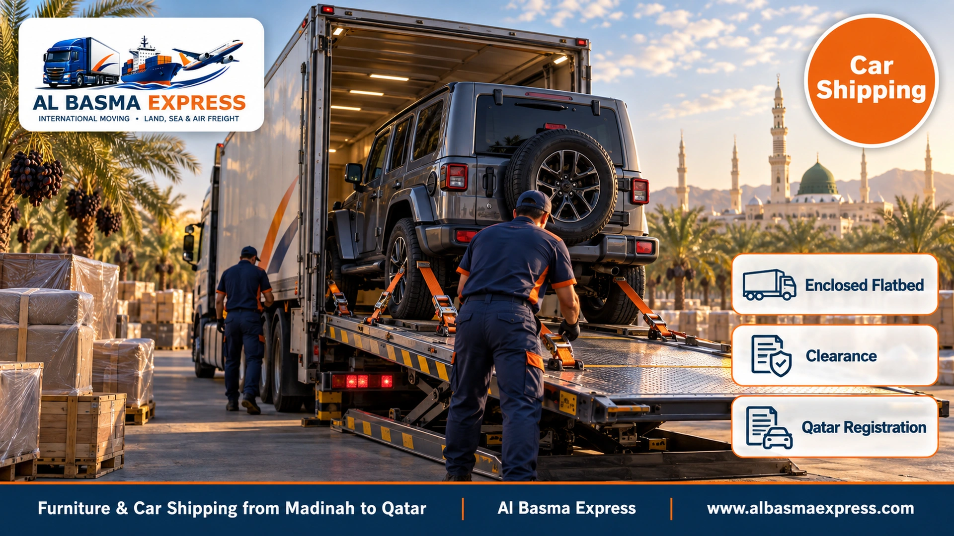 A grey jeep on an enclosed hydraulic flatbed in a loading yard among Ajwa palm farms near Madinah in the morning