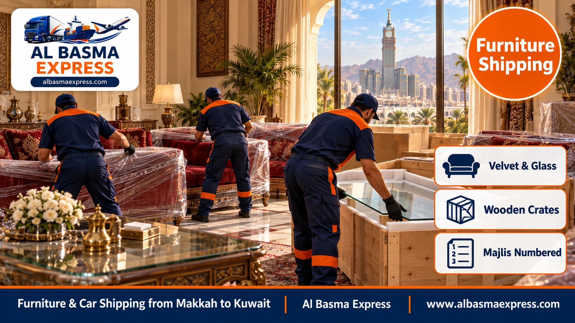 A lavish majlis in a Makkah villa with red velvet sofas and a large glass table, two workers wrapping the sofas and a third placing the glass tabletop in a wooden crate