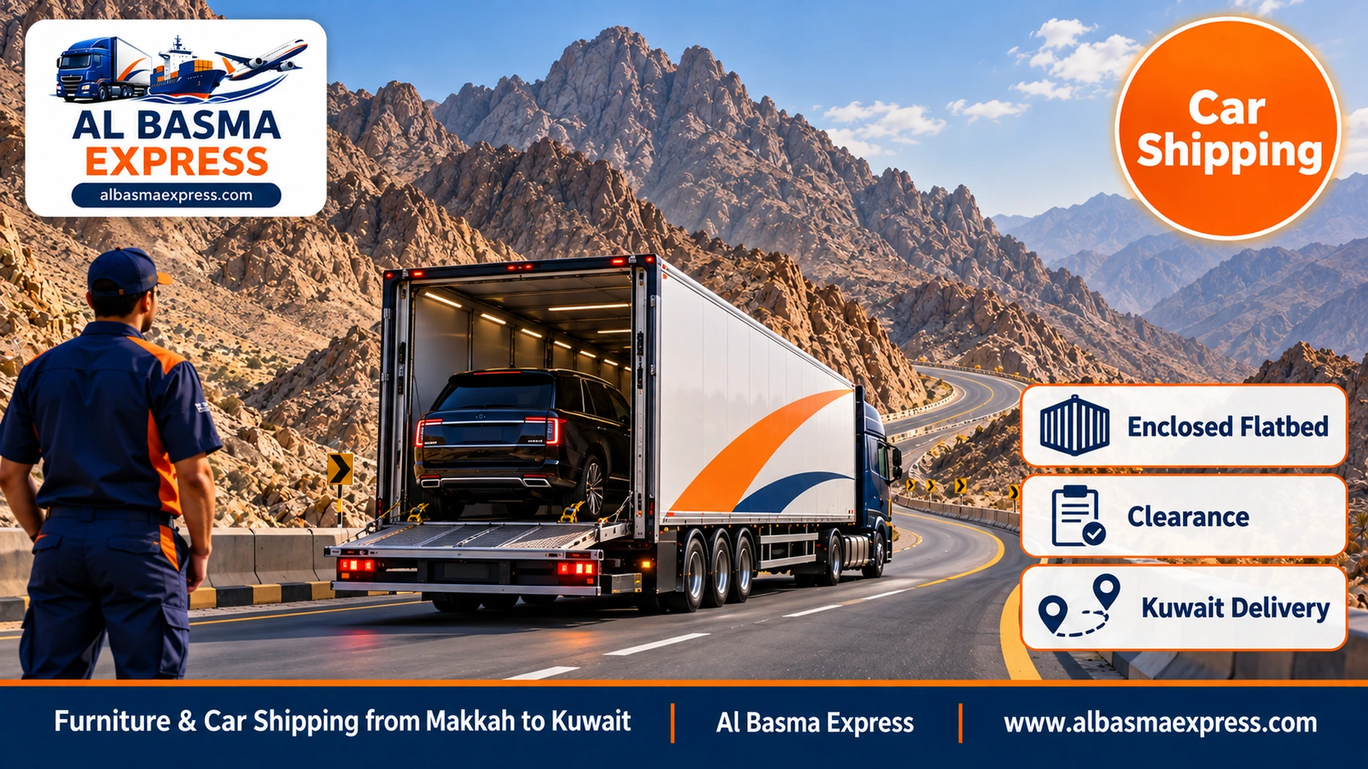A black luxury SUV on an enclosed flatbed crossing a granite mountain area in central Hijaz in mid-morning