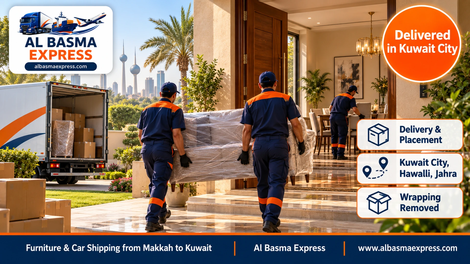 A spacious modern Kuwaiti house with a garden and trees in Jahra and two workers carrying a wrapped velvet sofa through a large door in the afternoon