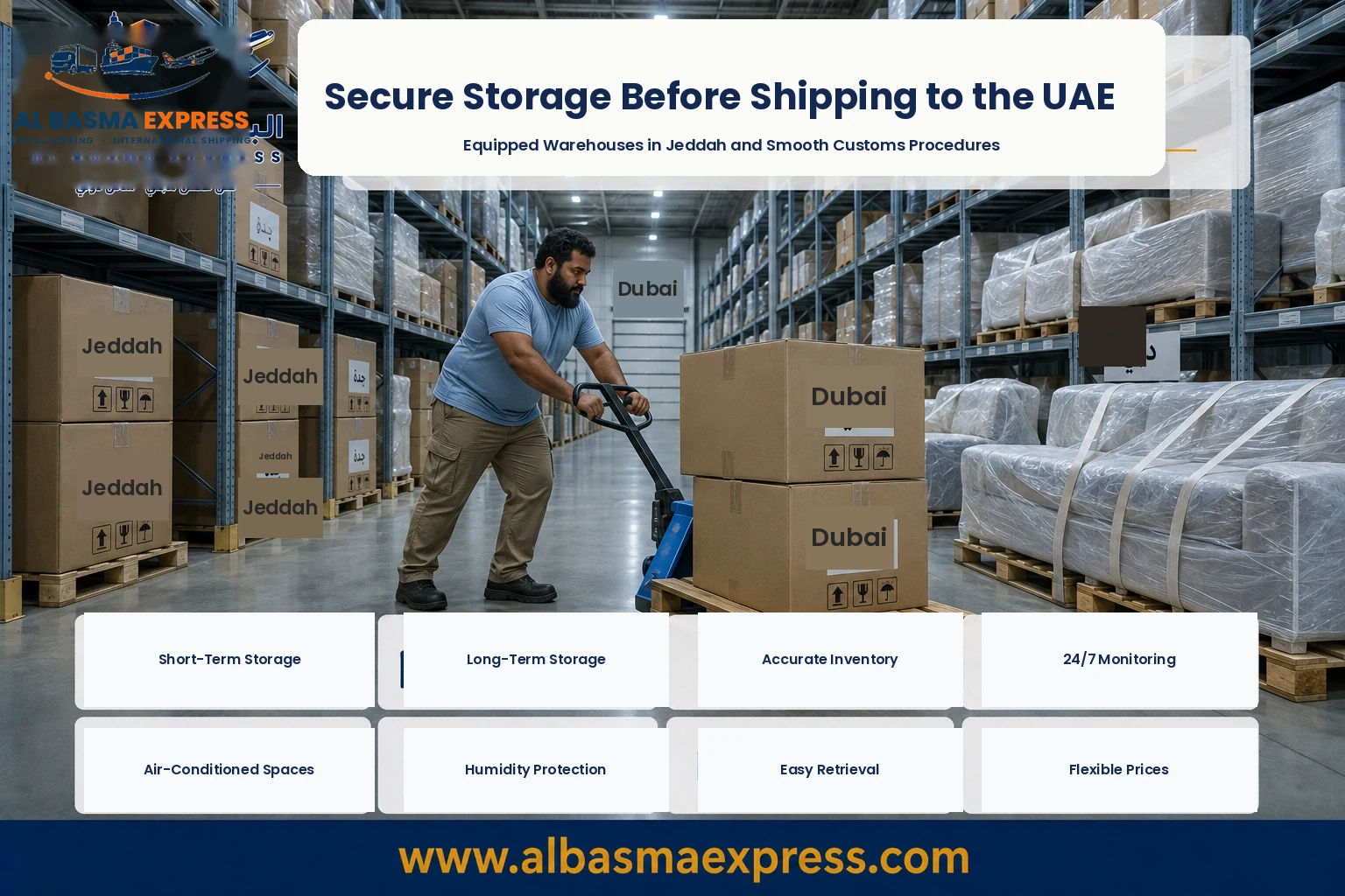 Boxes stored in a Jeddah warehouse before shipping to the UAE