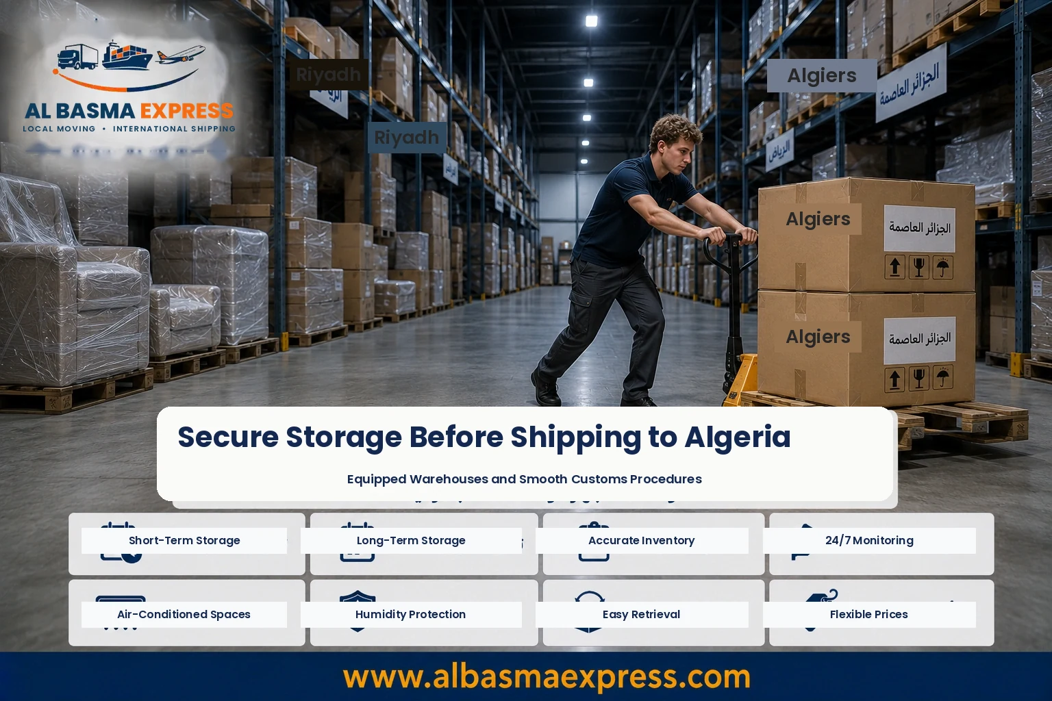 Boxes stored in a warehouse before shipping from Riyadh to Algeria
