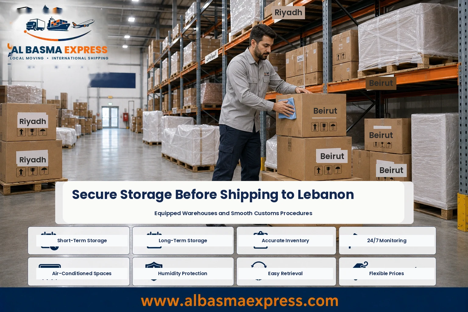 Boxes stored in a warehouse before shipping from Riyadh to Lebanon