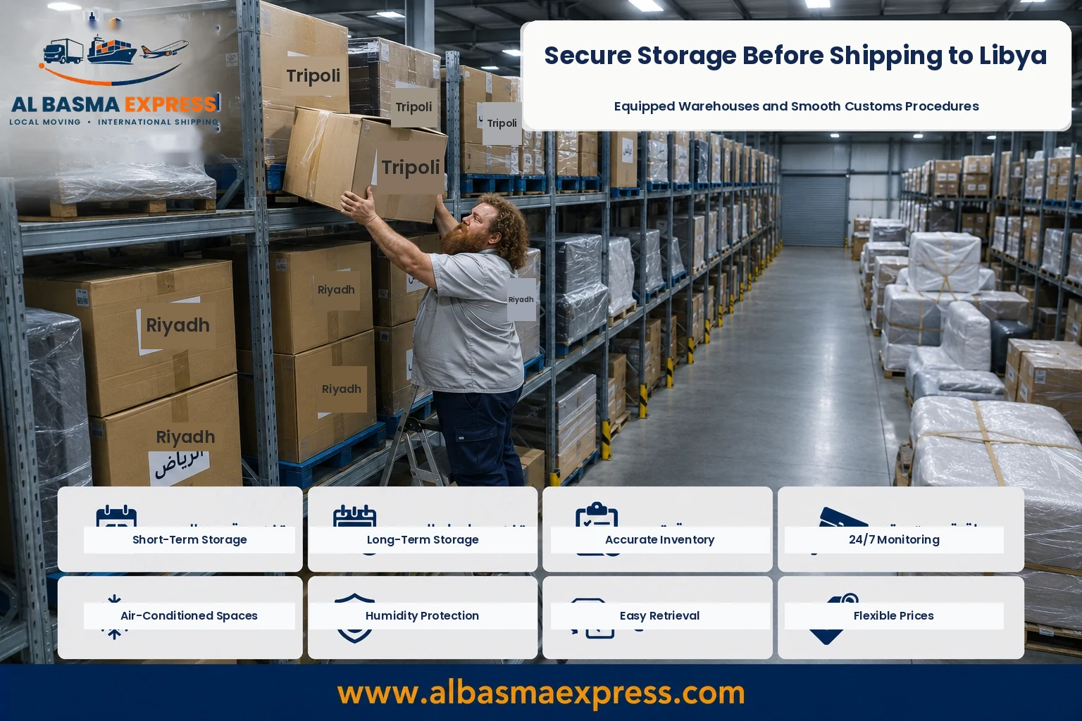 Boxes stored in a warehouse before shipping from Riyadh to Libya
