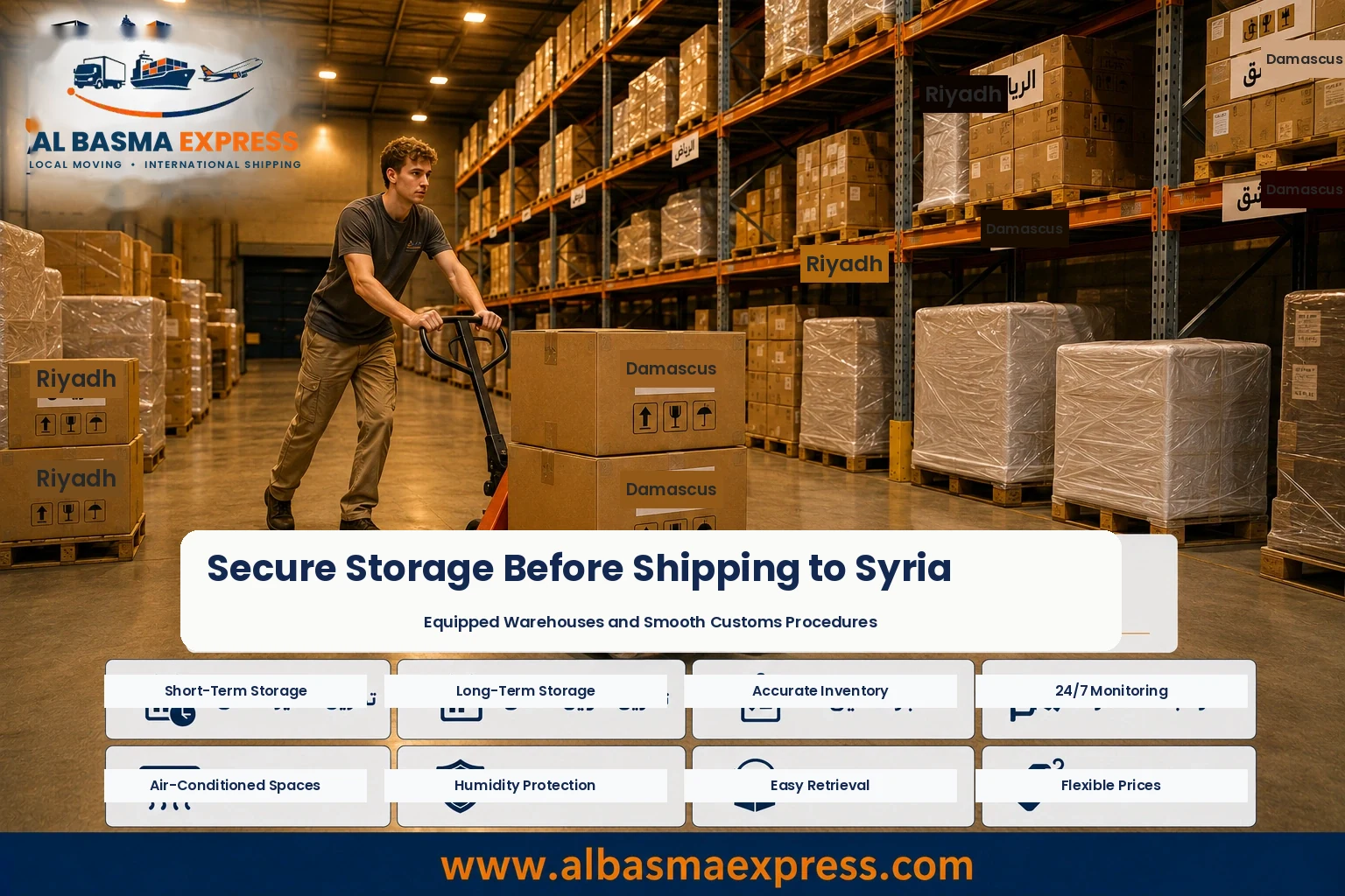 Boxes stored in a warehouse before shipping from Riyadh to Syria