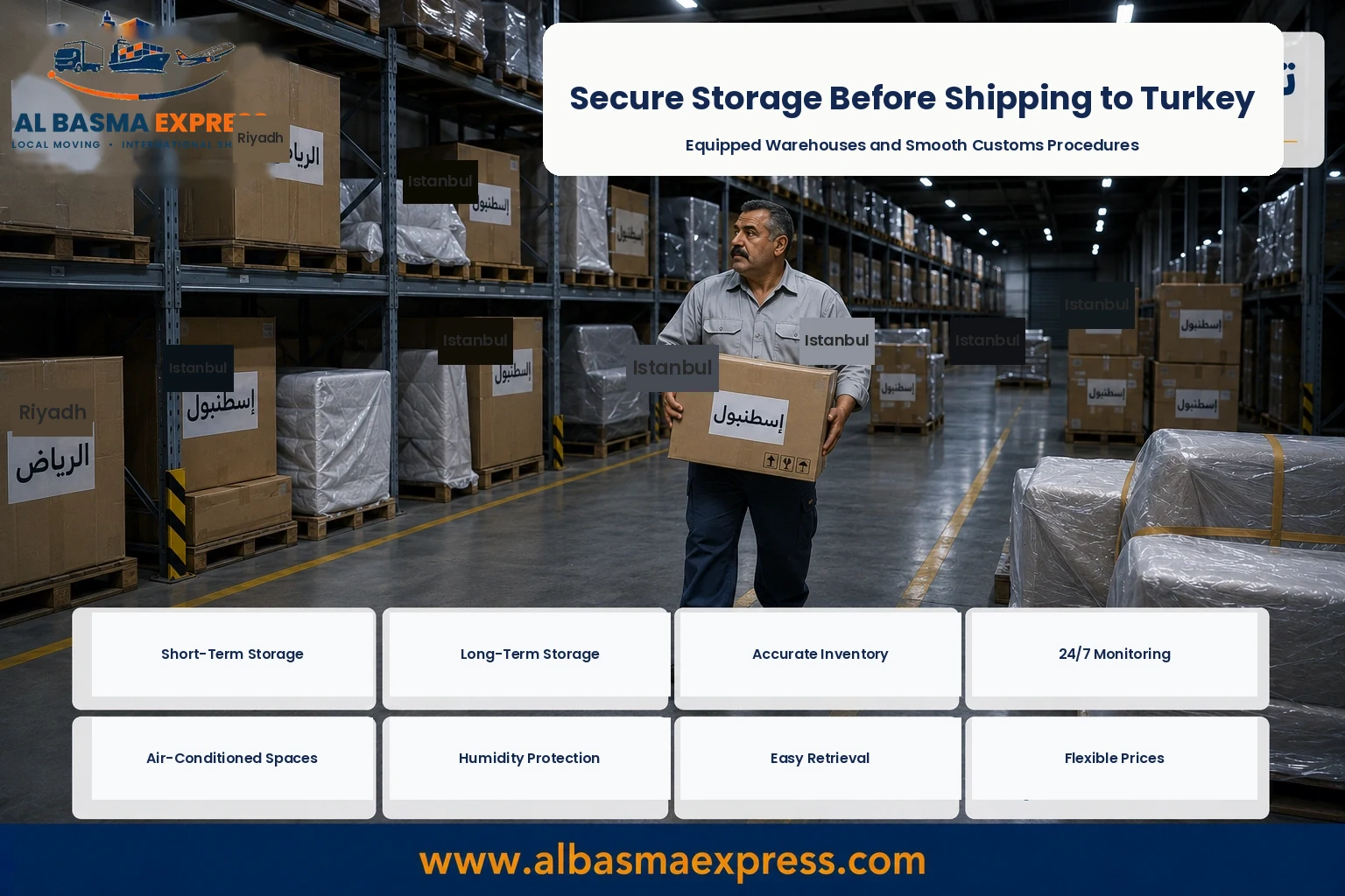 Boxes stored in a warehouse before shipping from Riyadh to Turkey