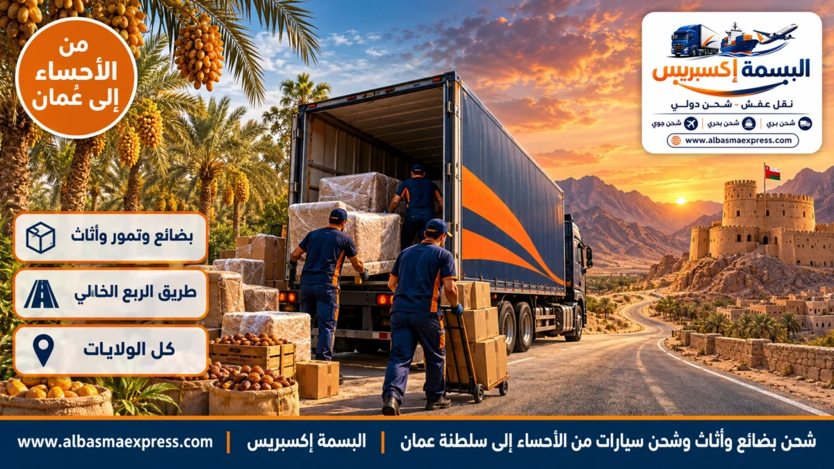 شحن بضائع وأثاث وشحن سيارات من الأحساء إلى سلطنة عمان: تمور مبردة وأثاث وسيارات عبر الربع الخالي