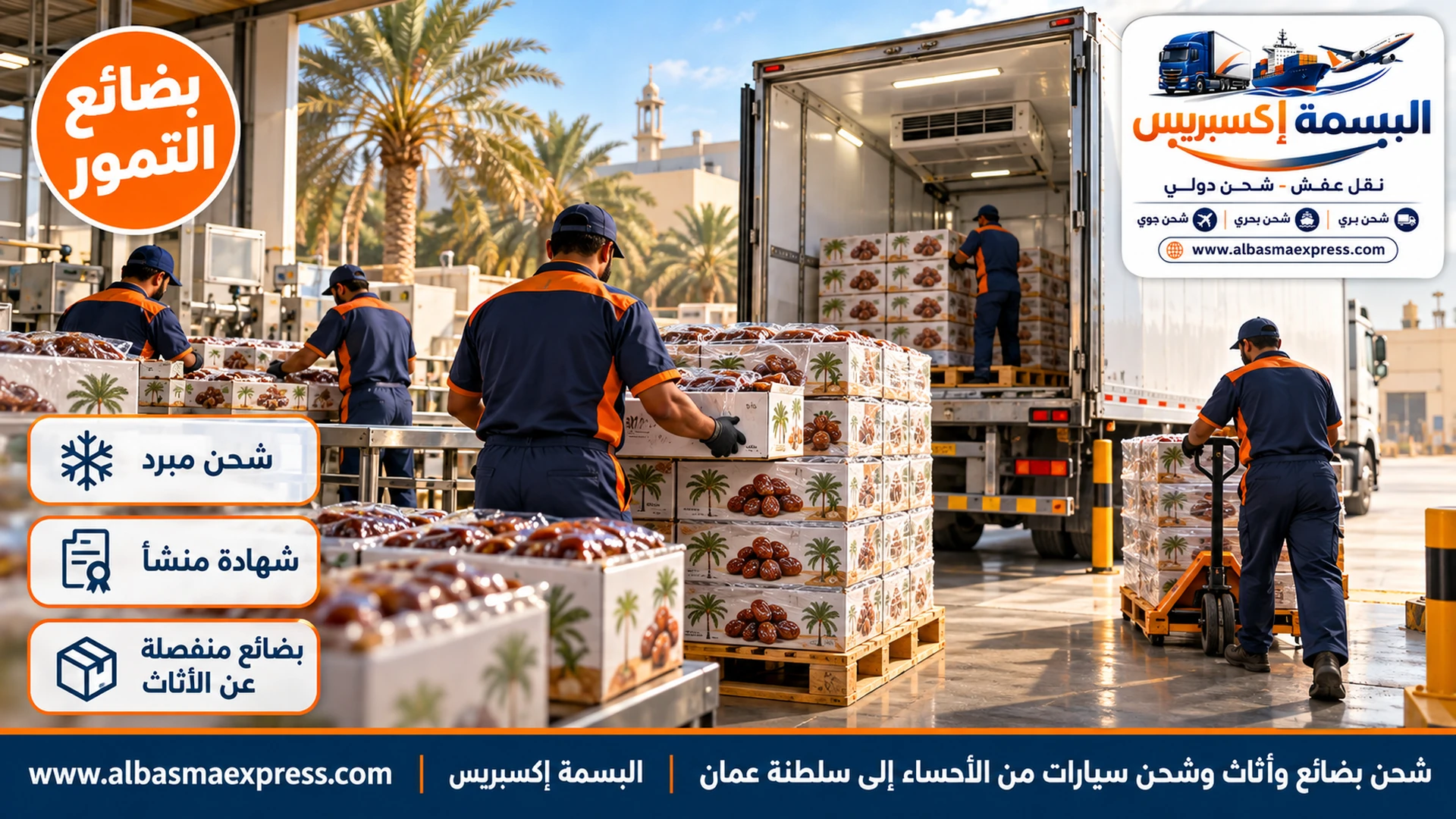 عمال يرصون كراتين تمور مغلفة على منصات خشبية في مصنع تعبئة بالأحساء وشاحنة مبردة بيضاء مفتوحة عند رصيف التحميل