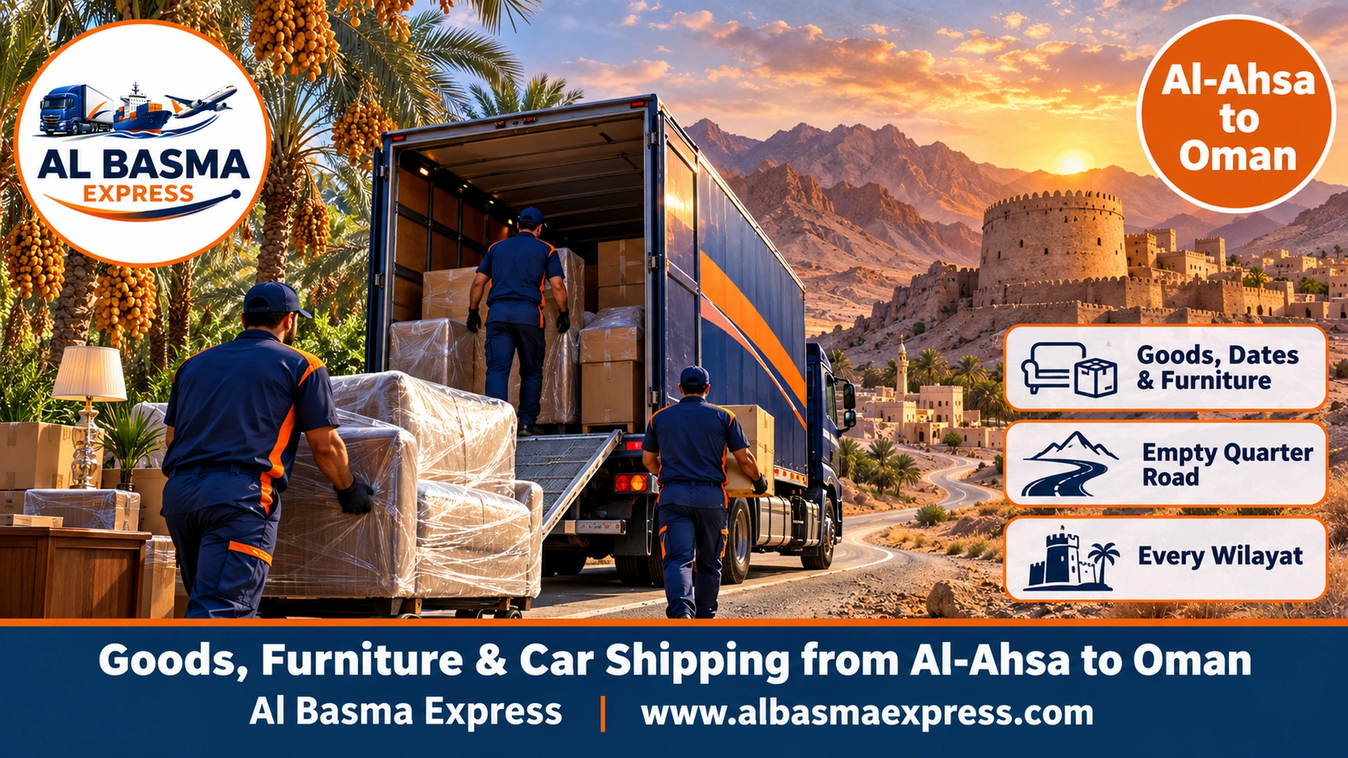 Goods, Furniture & Car Shipping from Al-Ahsa to Oman | Refrigerated Dates, Furniture and Cars via the Empty Quarter