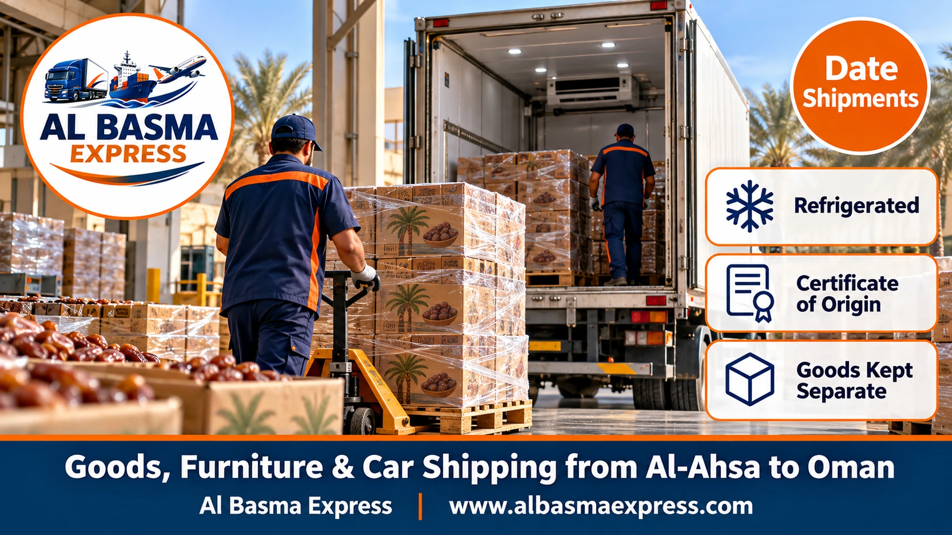 Workers stacking wrapped date boxes on wooden pallets in an Al-Ahsa packing plant with a white refrigerated truck open at the loading dock