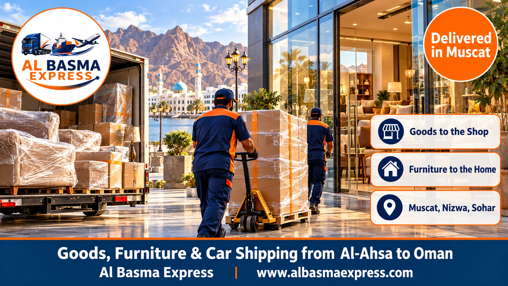 Two workers wheeling a pallet of boxes into a modern shop with a glass front in Muscat, with wrapped furniture on the pavement