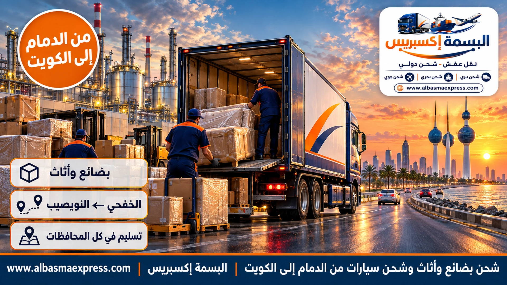 شحن بضائع وأثاث وشحن سيارات من الدمام إلى الكويت: من مصانع الشرقية وبيوتها عبر منفذ الخفجي