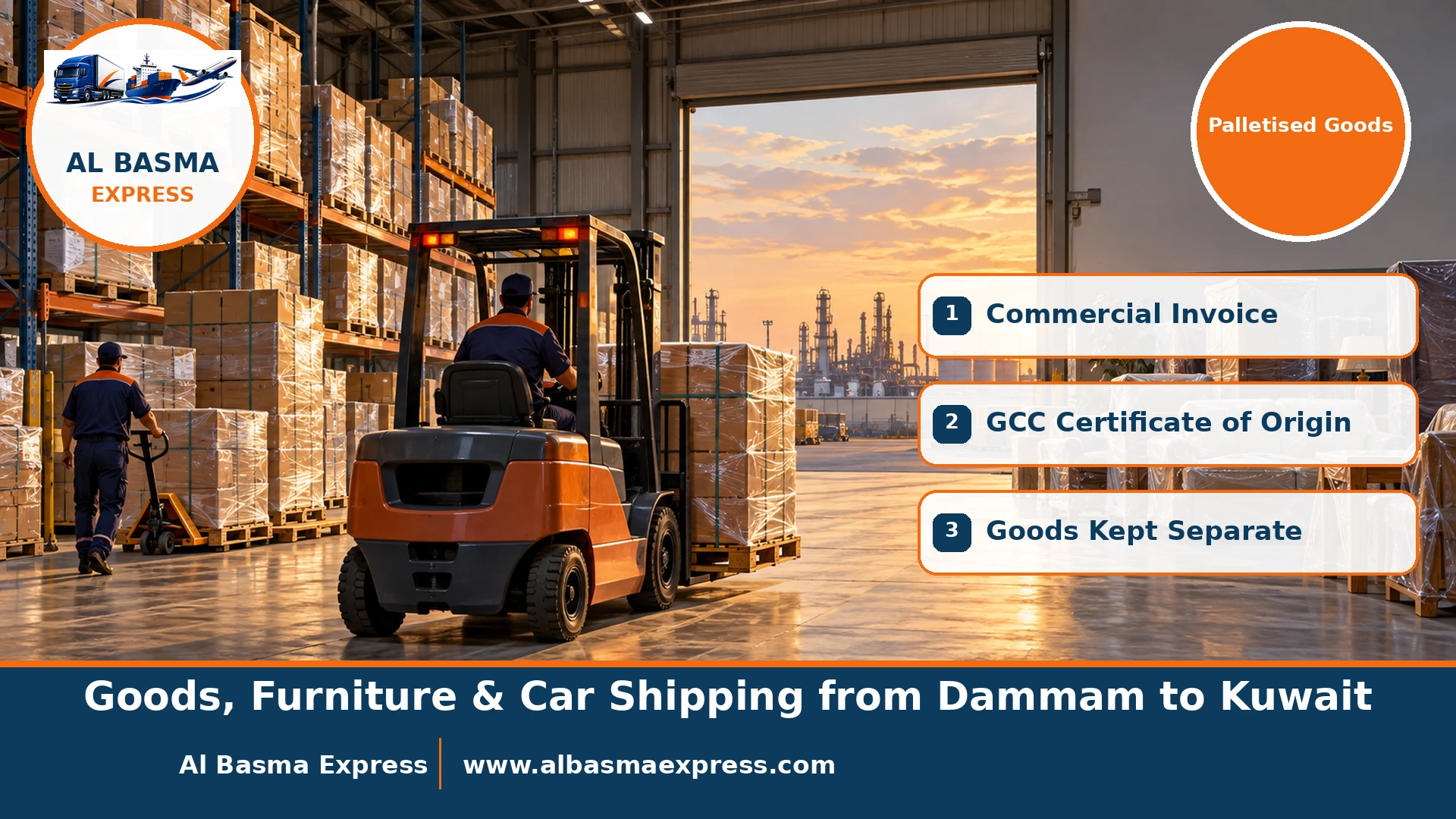 Film-wrapped goods on wooden pallets in a Dammam industrial city warehouse with a forklift and household furniture wrapped in a separate section