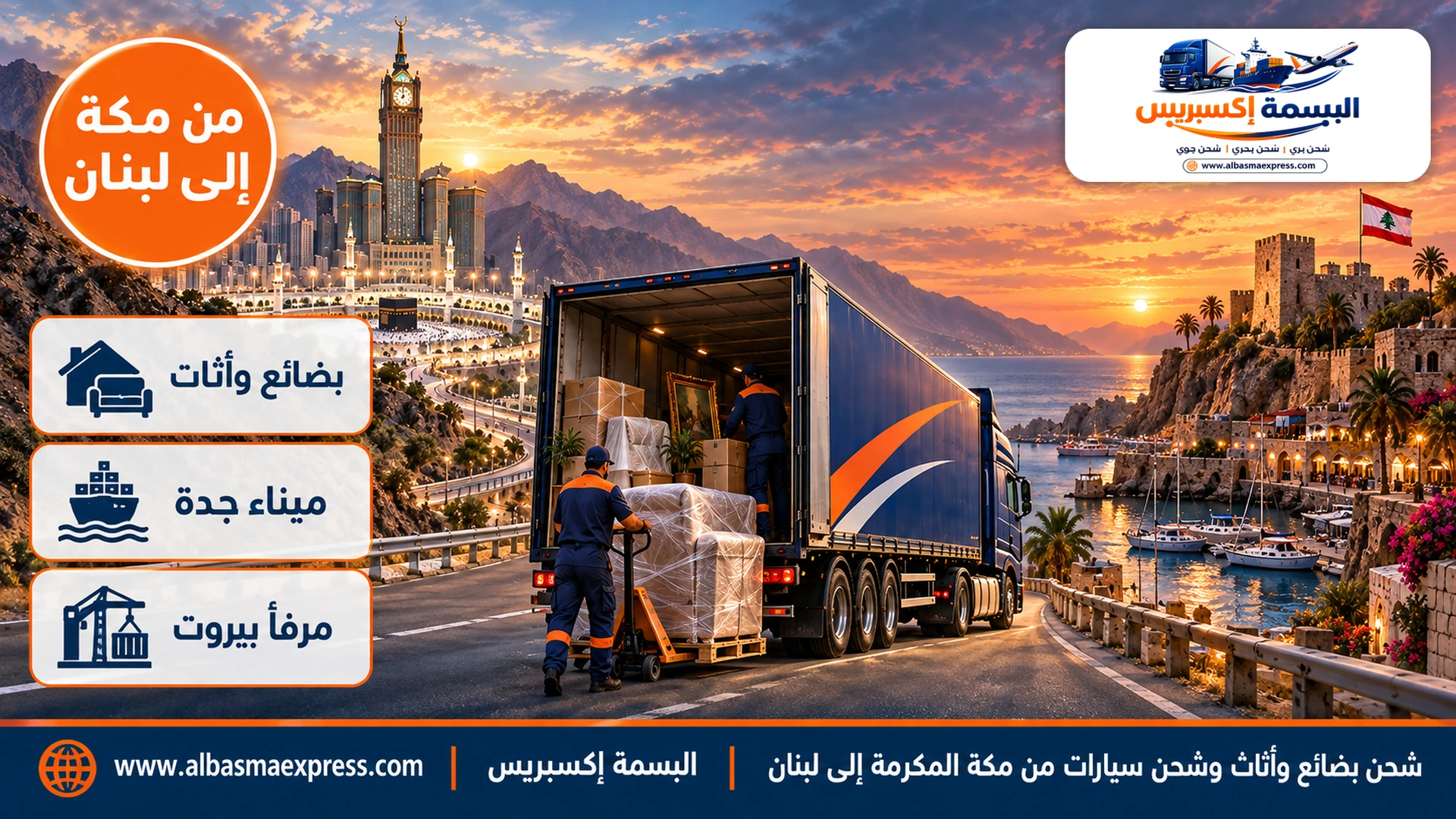 شحن بضائع وأثاث وشحن سيارات من مكة المكرمة إلى لبنان: بضاعة المحل وأثاث البيت كلٌّ بمستنده حتى بيروت وصيدا