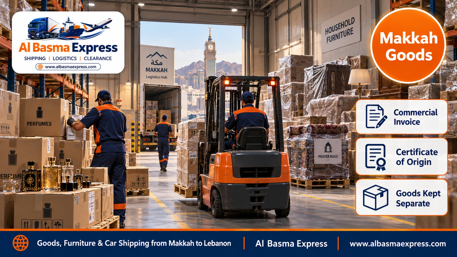 A warehouse in Makkah's industrial area with pallets of boxed perfumes, prayer rugs and labelled products, a forklift, and household furniture wrapped in a separate corner