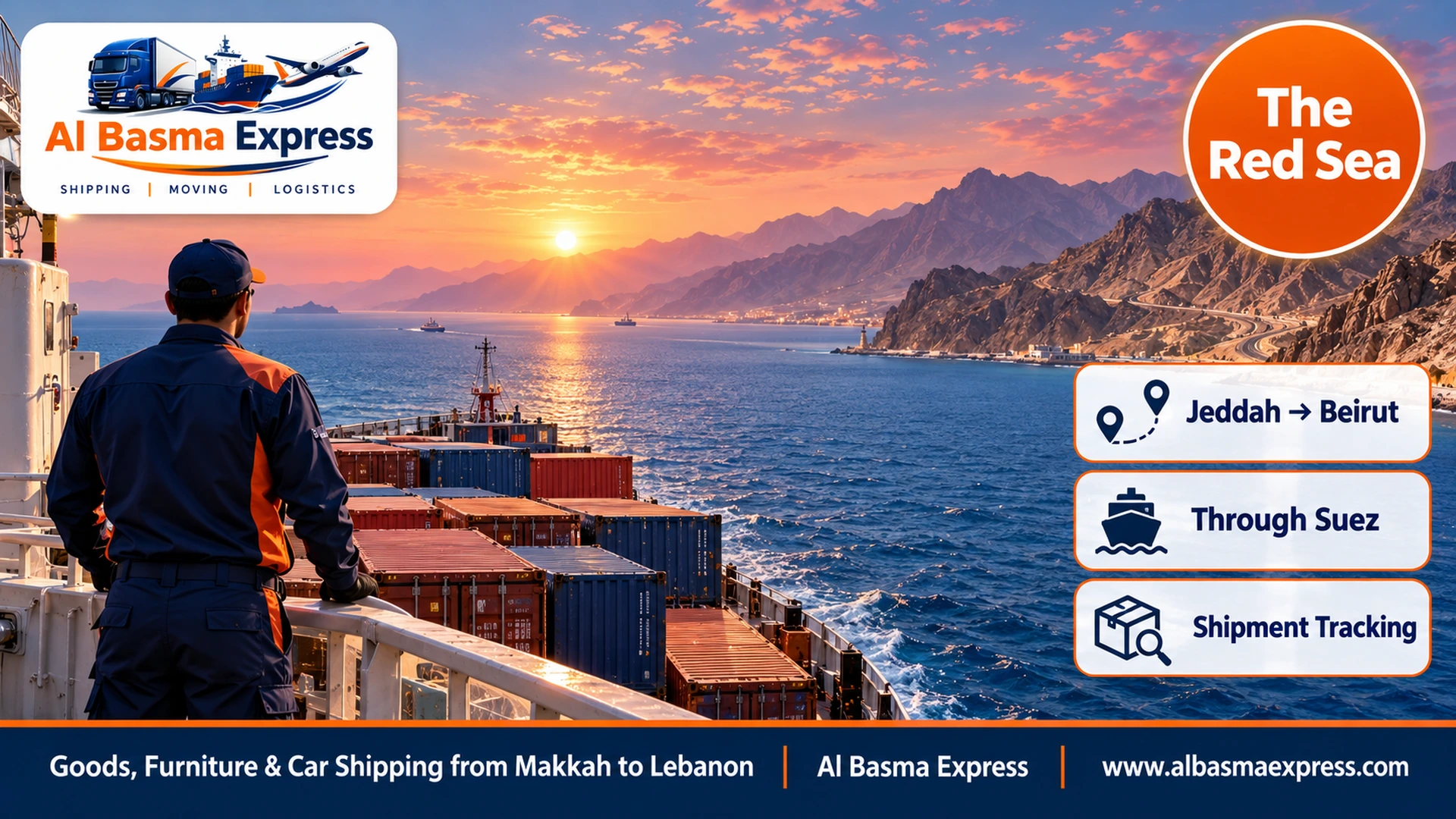 A cargo ship crossing the Red Sea near a mountainous coast at dawn with calm blue water and pink light