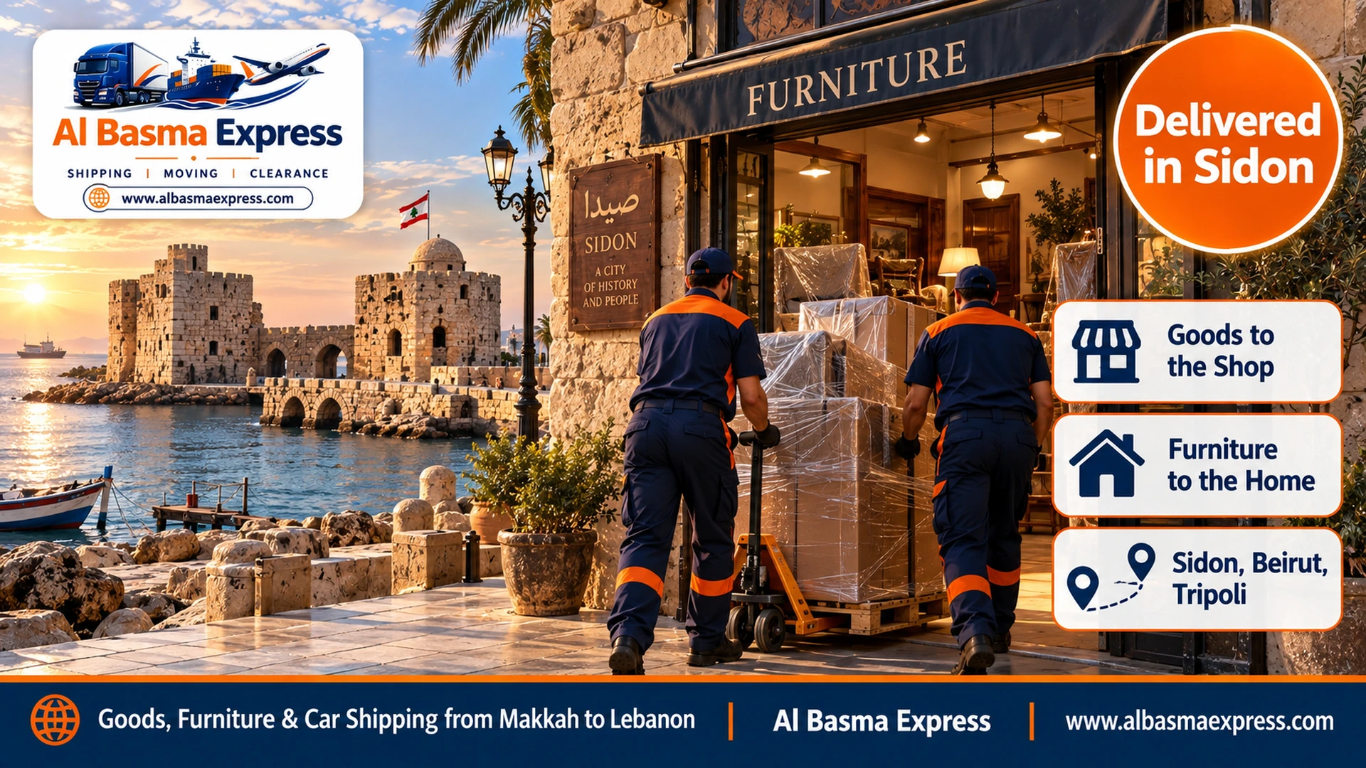 An old stone sea castle linked to the shore by a stone causeway in Sidon, with two workers on the seafront entering a shop with a pallet of boxes