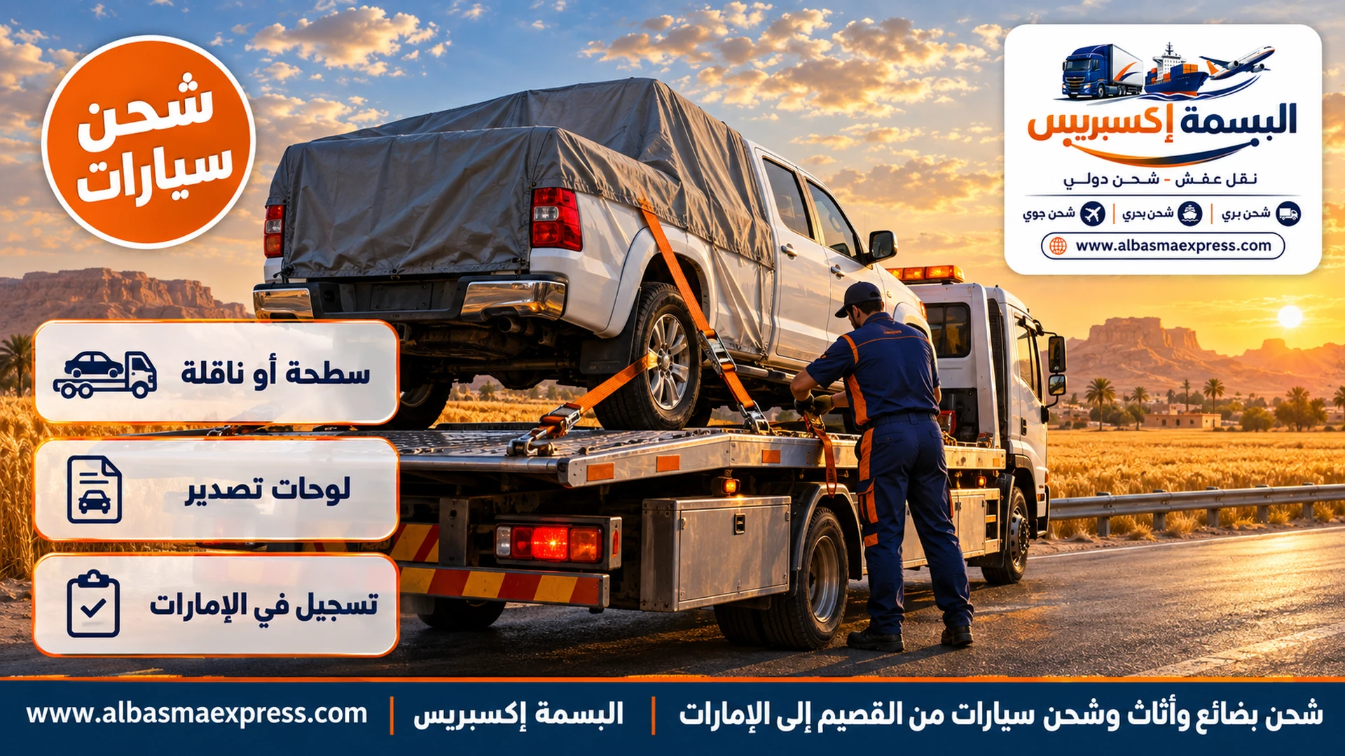 سيارة بيك أب بيضاء بصندوق مغطى على سطحة مكشوفة بجانب حقل قمح ذهبي في القصيم وعامل يشد الأحزمة