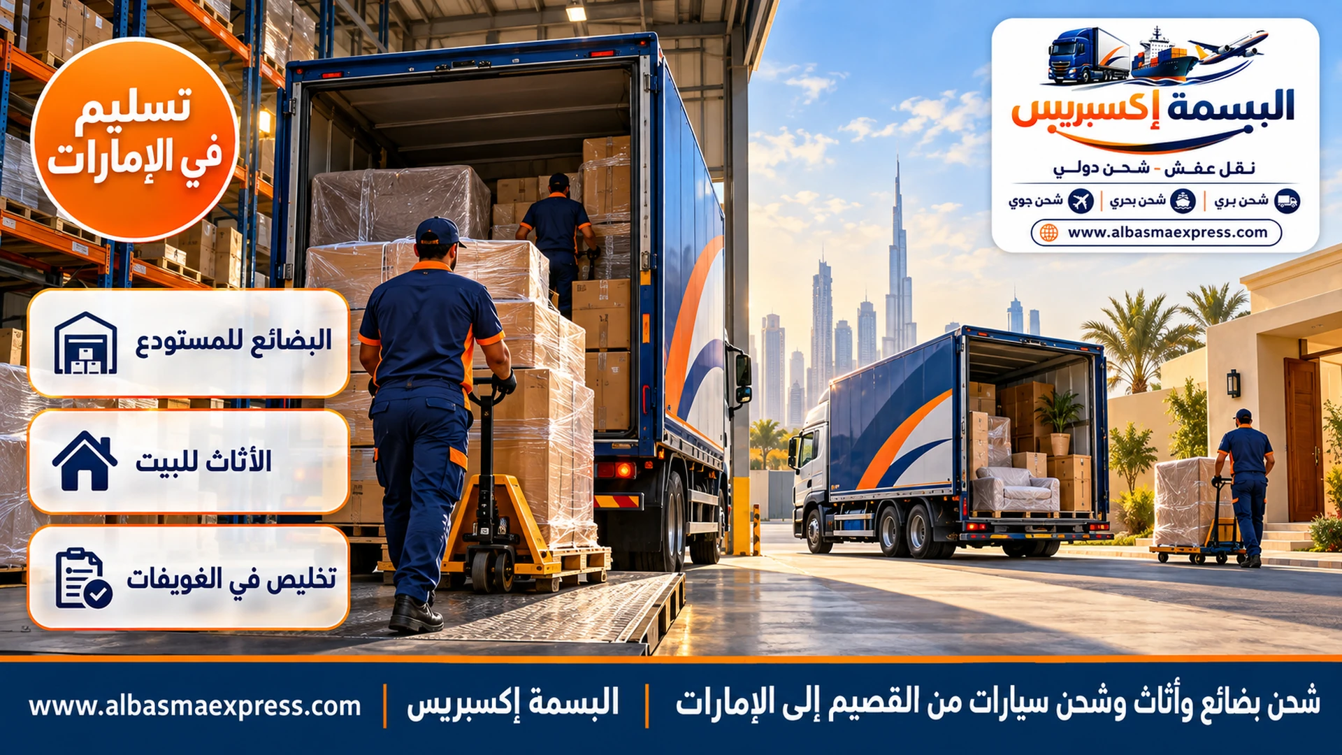 عامل ينزل منصات كراتين بالرافعة في ساحة مستودع حديث بمنطقة صناعية إماراتية وشاحنة كحلية ثانية تنتظر لتوصيل الأثاث