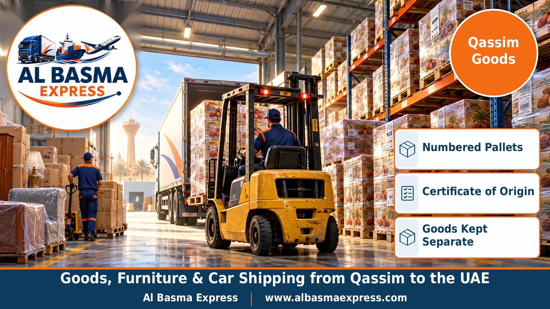 Film-wrapped, numbered pallets of date boxes in a modern Buraidah warehouse with a forklift and household furniture boxes in a separate corner