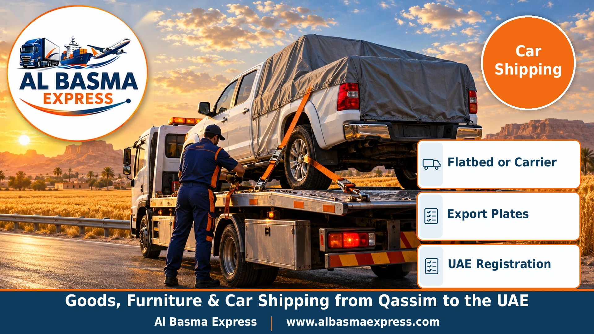 A white pickup with a covered bed on an open flatbed beside a golden wheat field in Qassim with a worker tightening the straps