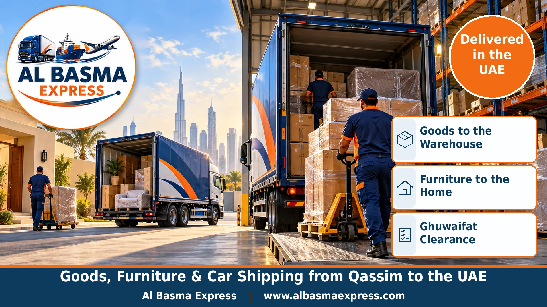 A worker unloading pallets with a forklift in the yard of a modern warehouse in a UAE industrial area with a second navy truck waiting to deliver the furniture