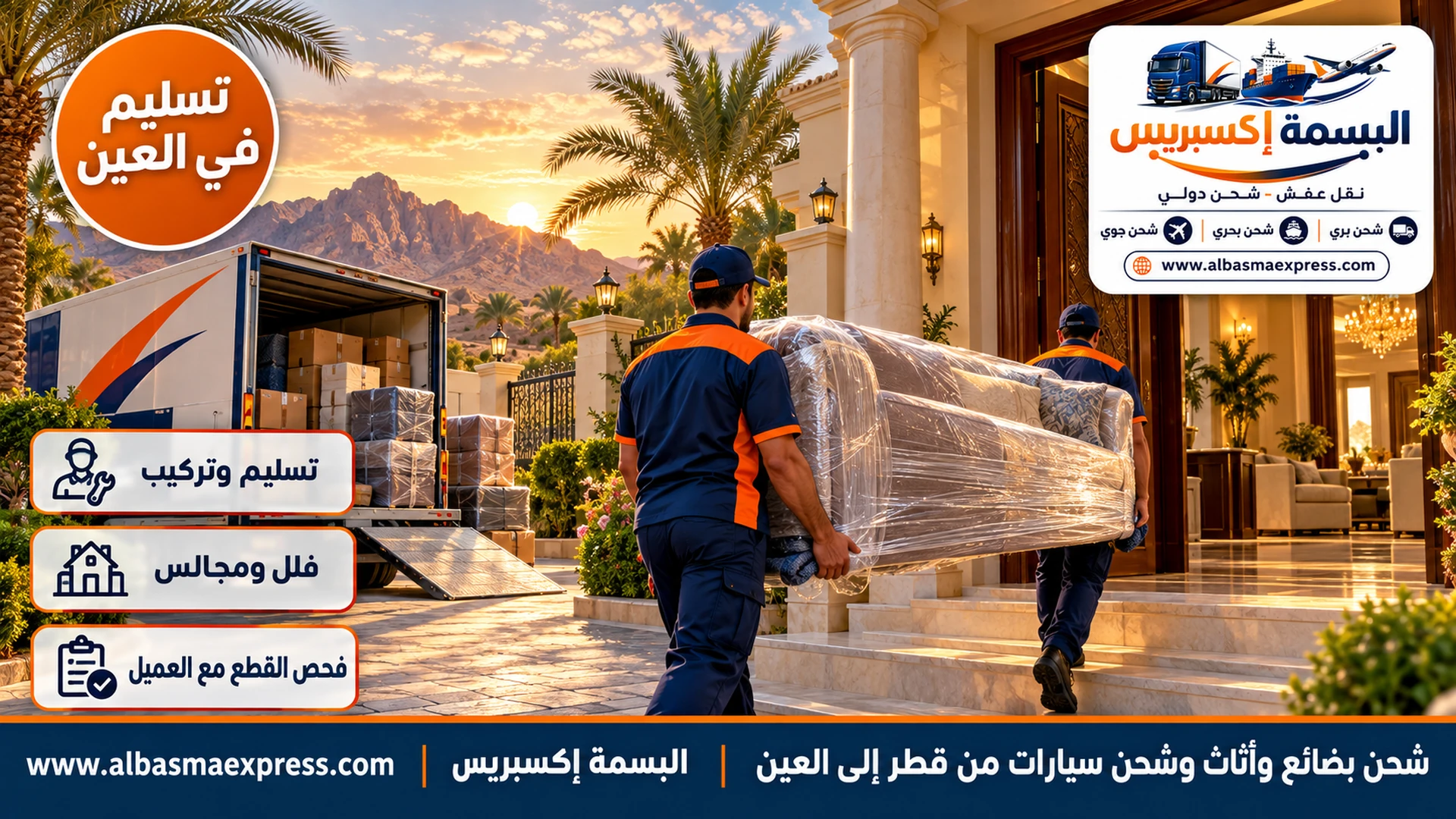 عاملان يحملان مجلساً مغلفاً إلى داخل فيلا عائلية بسور وحديقة نخيل في العين