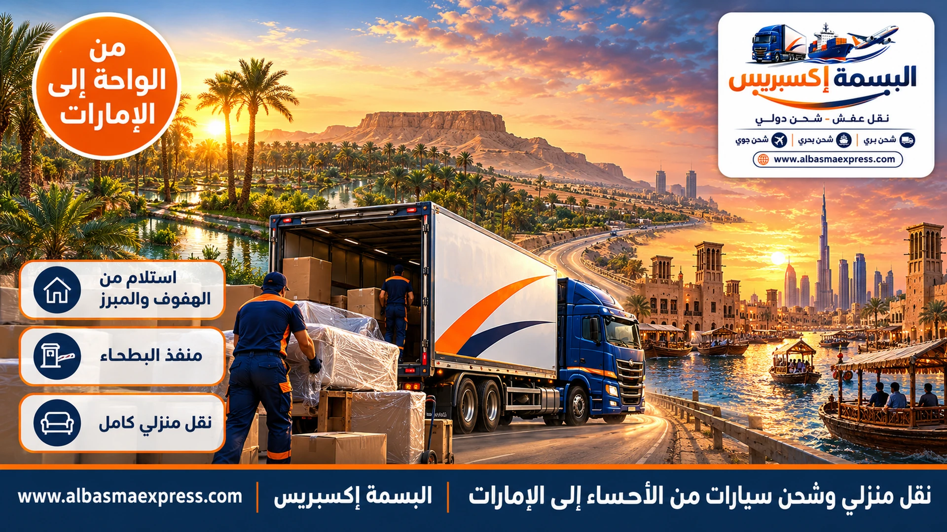 نقل منزلي وشحن سيارات من الأحساء إلى الإمارات: من بيتك في الهفوف والمبرز إلى بيتك الجديد عبر البطحاء