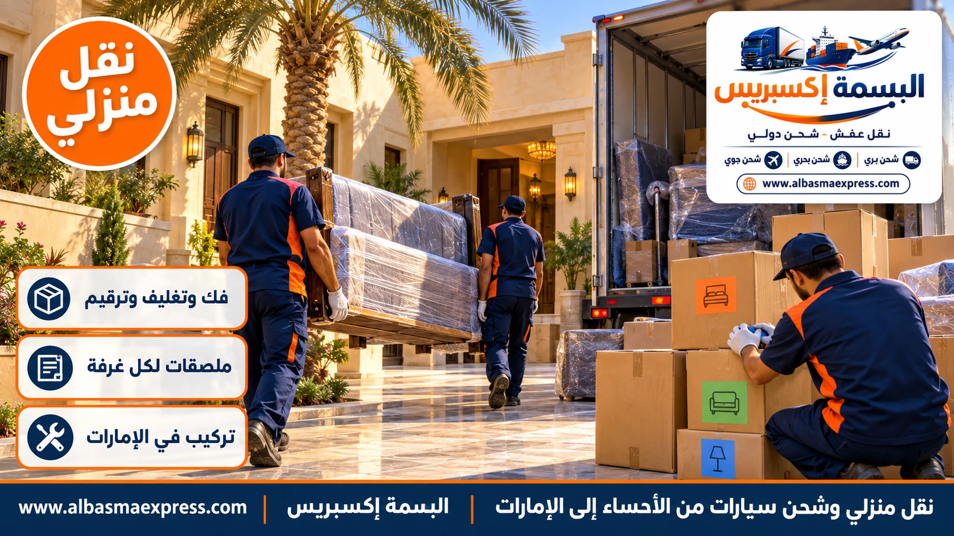 عاملان يحملان سريراً مفككاً مغلفاً عبر فناء بيت أحسائي تتوسطه نخلة وثالث يلصق ملصقات غرف ملونة على الكراتين