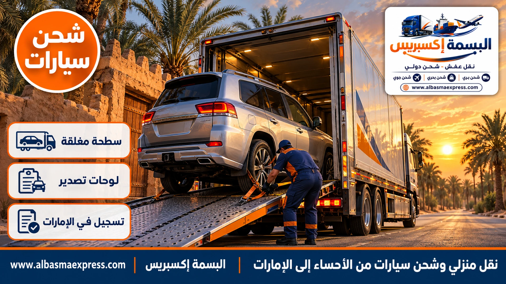 سيارة عائلية فضية تُرفع على سطحة هيدروليكية مغلقة بجانب مزرعة نخيل وسور طيني قديم