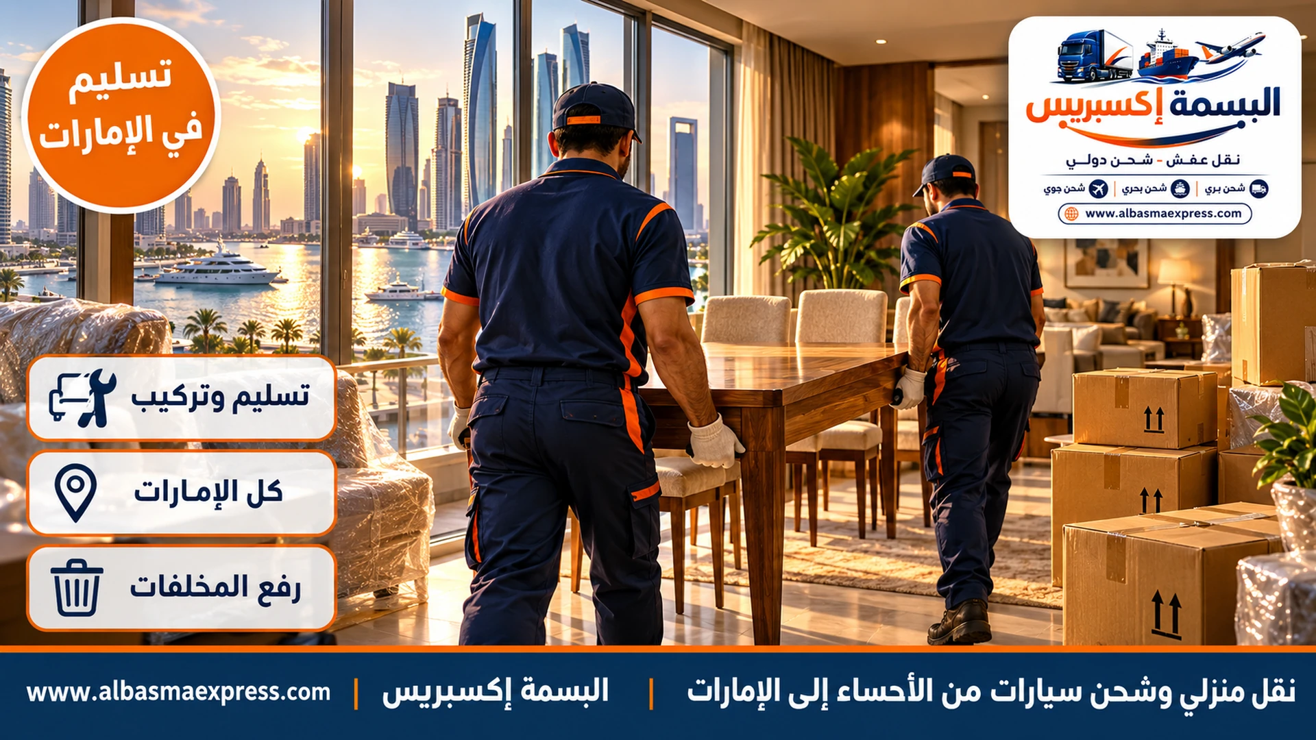 عاملان يركبان طاولة طعام خشبية في شقة ببرج يطل على قناة مائية ويخوت في أبوظبي وكراتين مرقمة قرب الجدار