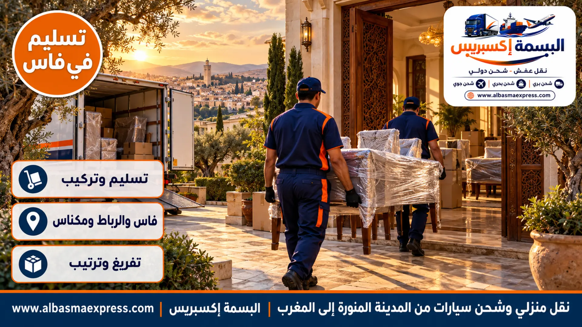 بيت مغربي حديث في ضاحية فاس بحديقة زيتون وبوابة خشبية منحوتة وعاملان يدخلان طاولة طعام مغلفة