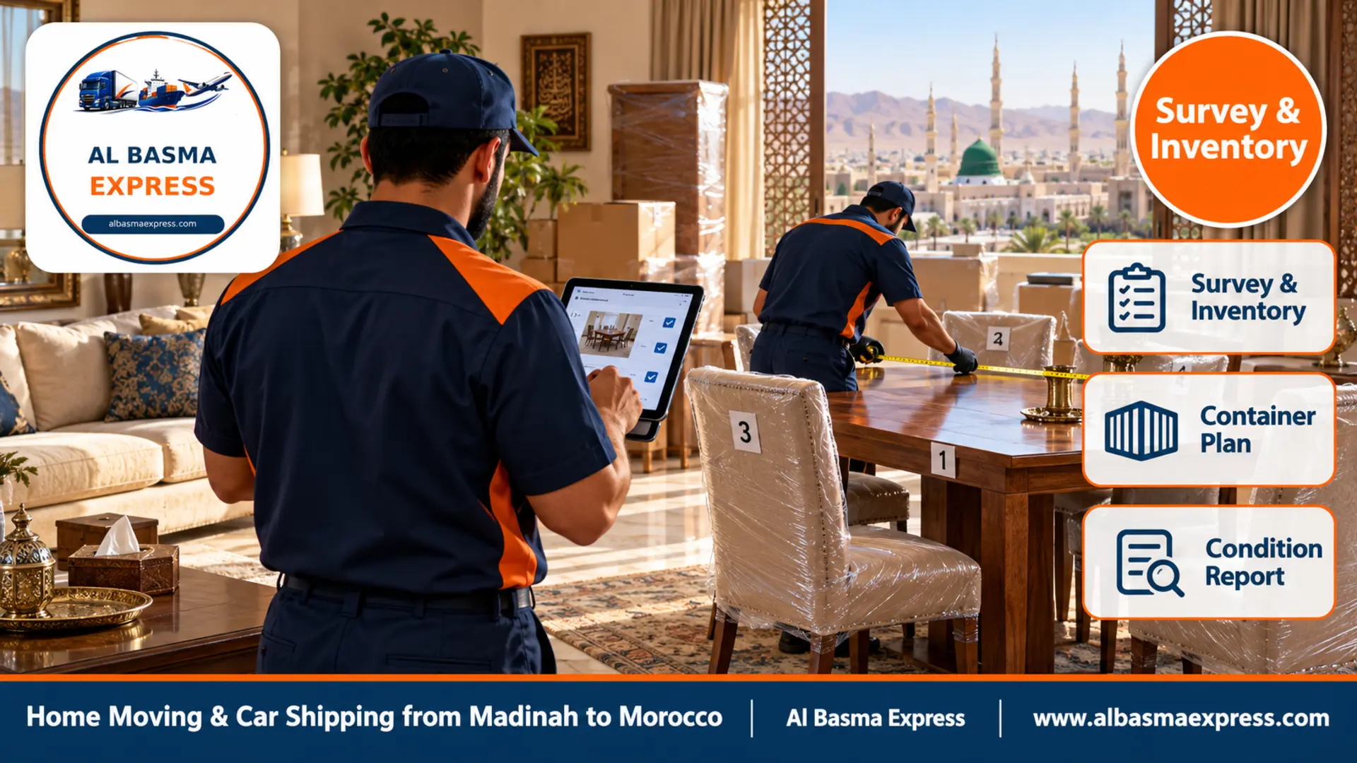 A female survey officer recording on a tablet and a worker measuring a dining table in a spacious apartment living room in Madinah with number labels on the furniture