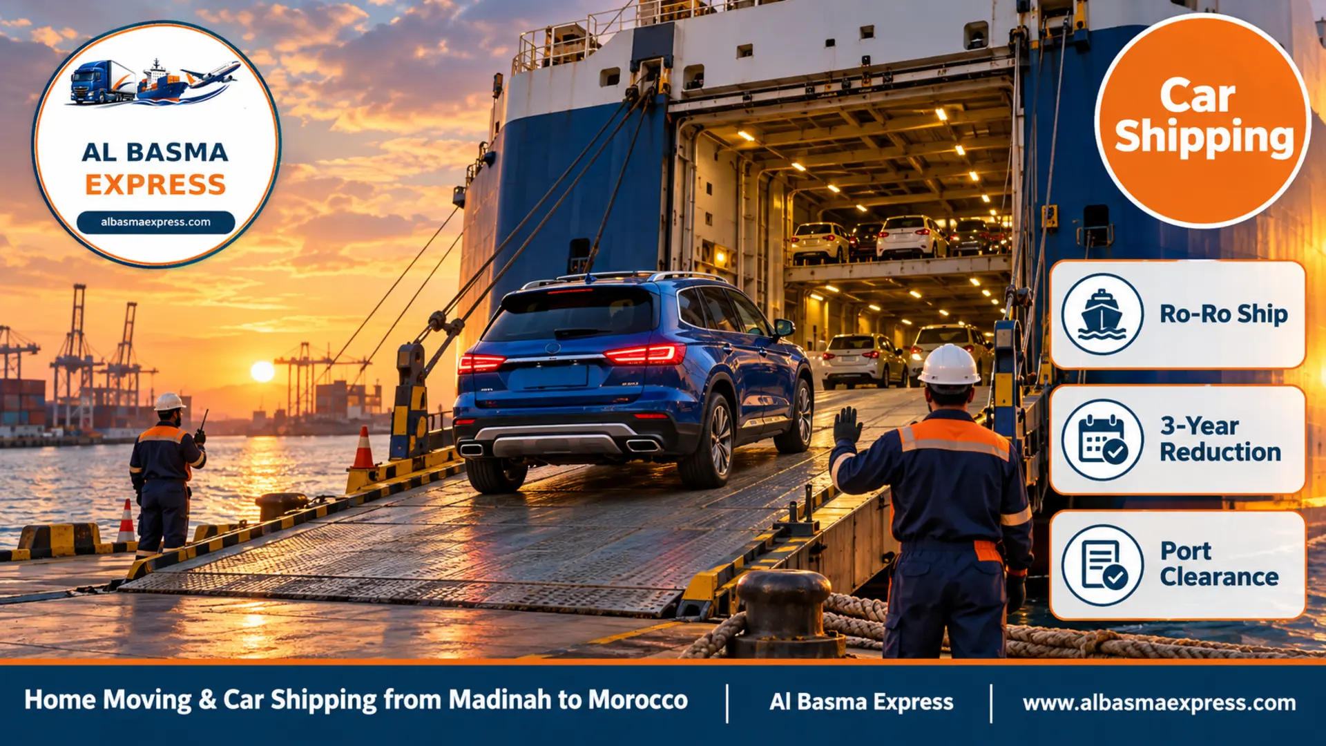 A blue SUV driving up the ramp of a ro-ro ship at a Red Sea port at sunset with a worker in a helmet signalling