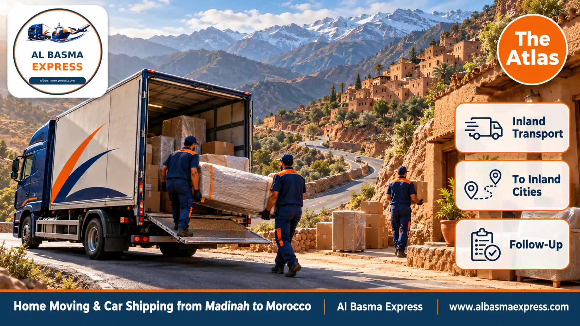 A winding mountain road climbing the Atlas with a mud-brick Amazigh village on the slope in the morning and a navy truck on the road