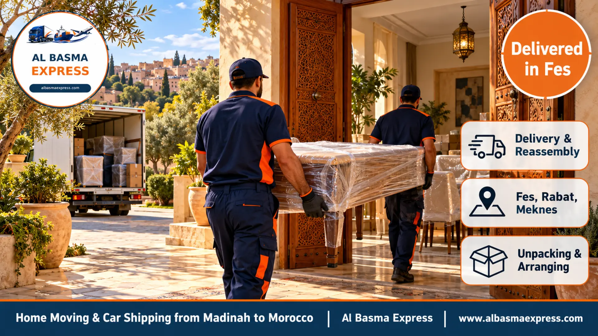 A modern Moroccan house in a Fes suburb with an olive garden and a carved wooden gate and two workers carrying a wrapped dining table inside