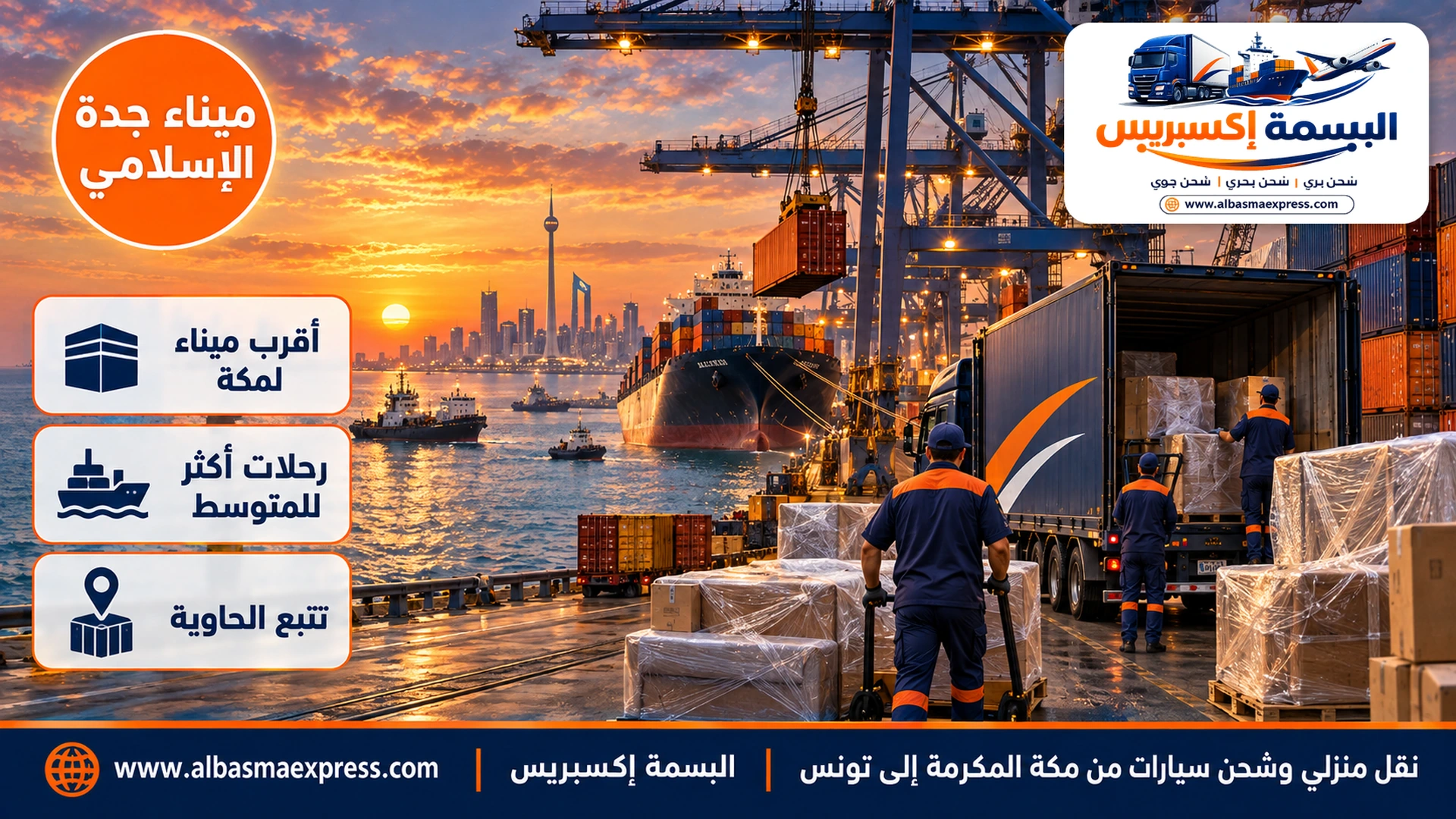 منظر جوي لميناء جدة بحاويات ملونة ورافعات جسرية وسفن ضخمة راسية على البحر الأحمر عند الغروب
