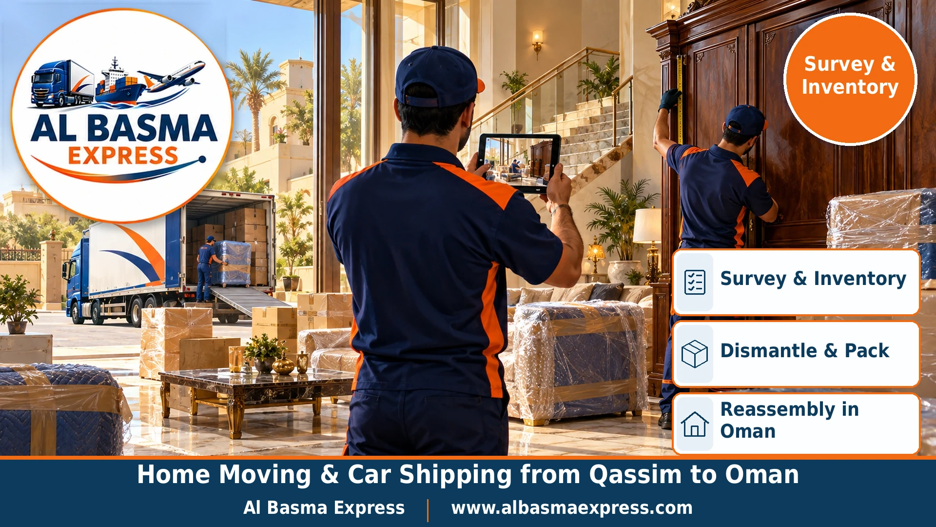 A survey officer photographing furniture with a tablet in a modern Buraidah villa while a worker measures a large wardrobe