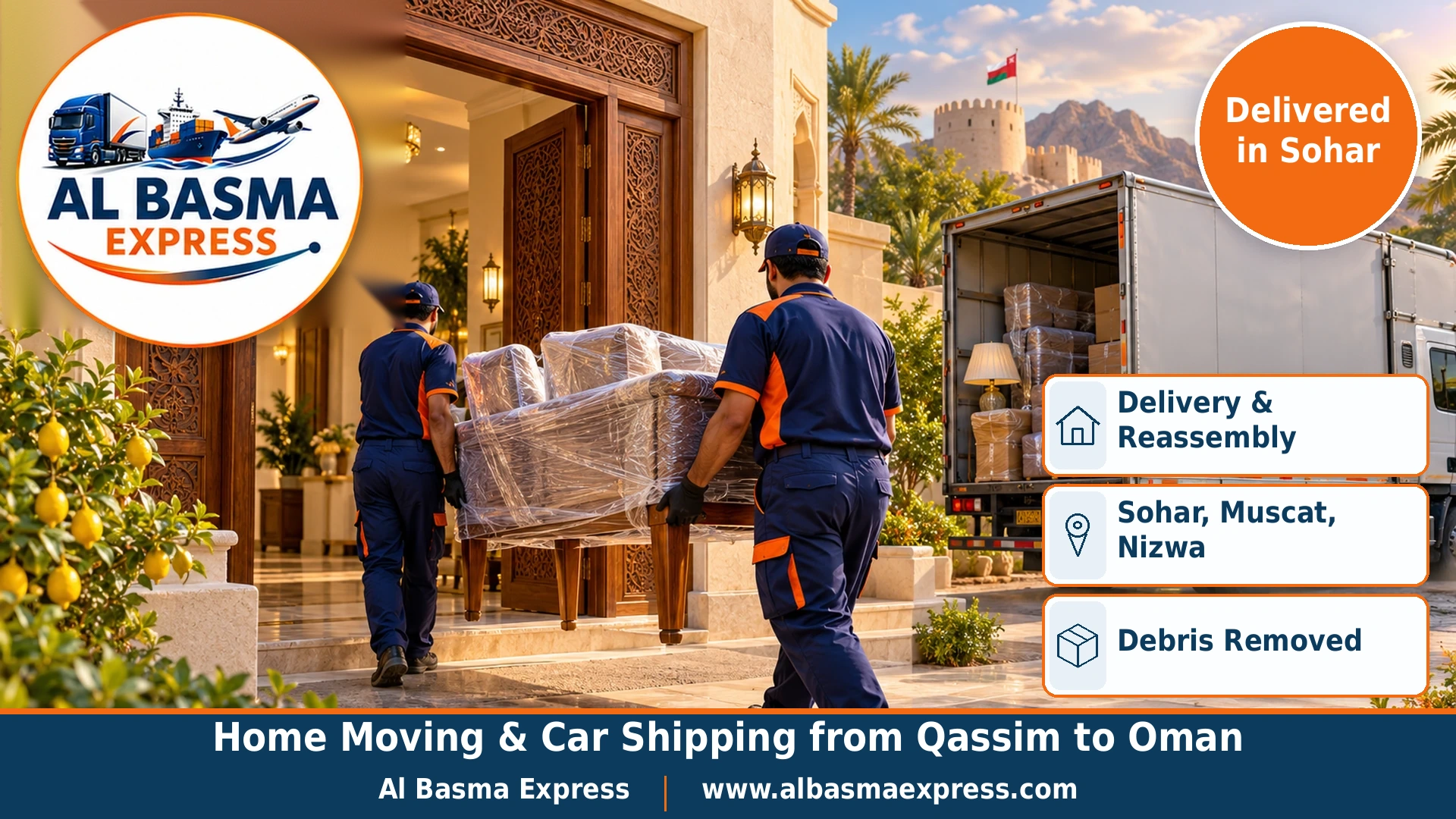 Two workers carrying a wrapped dining table into a modern cream-coloured Omani villa with a carved wooden gate in Sohar and lemon trees in the garden