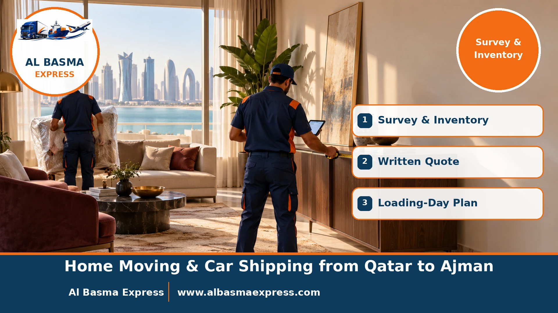 A survey officer measuring a cabinet and recording items on a tablet in a Qatari apartment before moving to Ajman