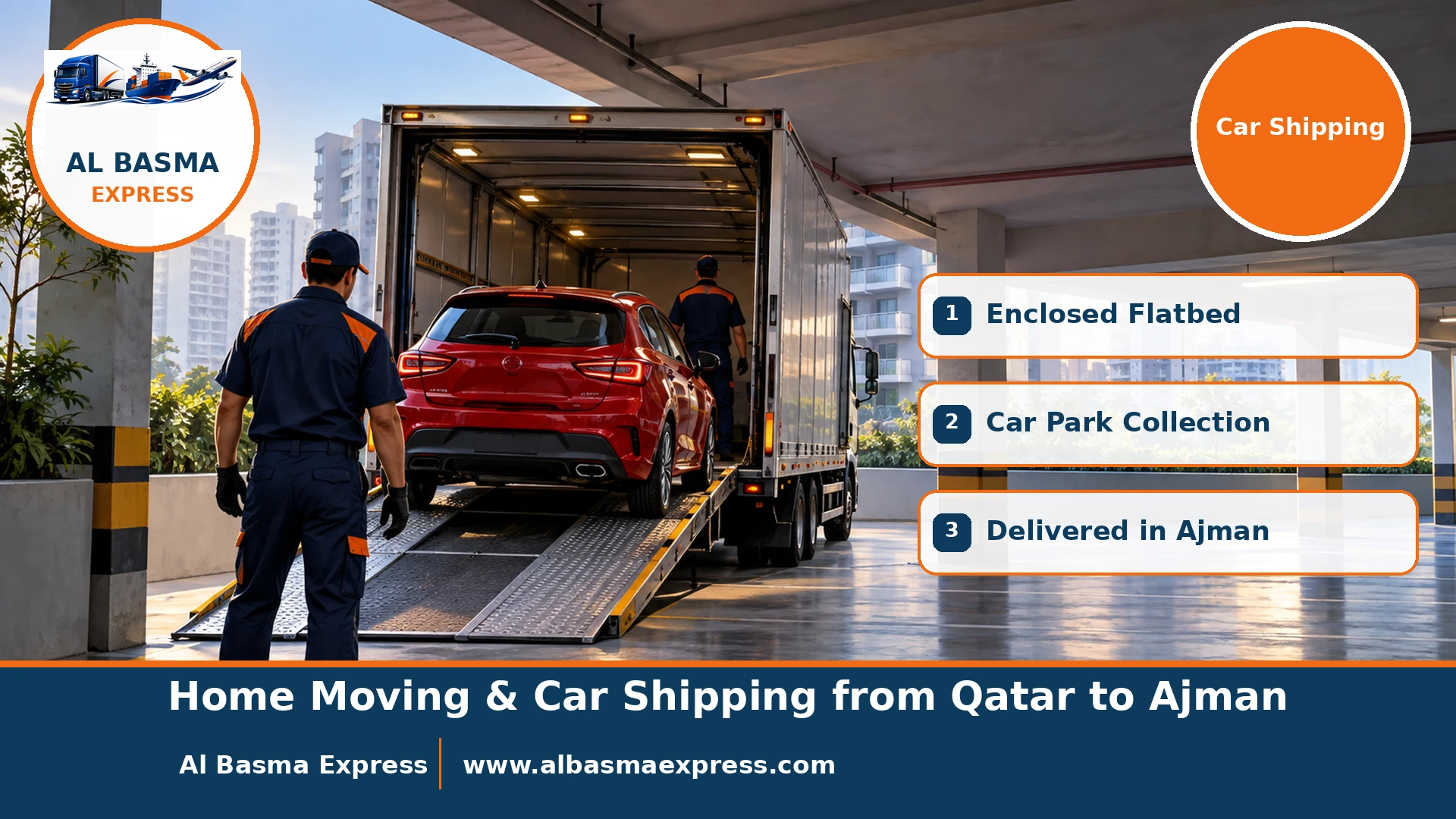 Loading a red hatchback onto an enclosed flatbed in a residential building car park in Qatar for shipping to Ajman