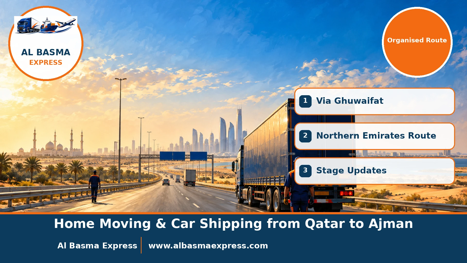 A highway crossing the UAE northwards from Abu Dhabi with a navy moving truck in the right lane heading to Ajman