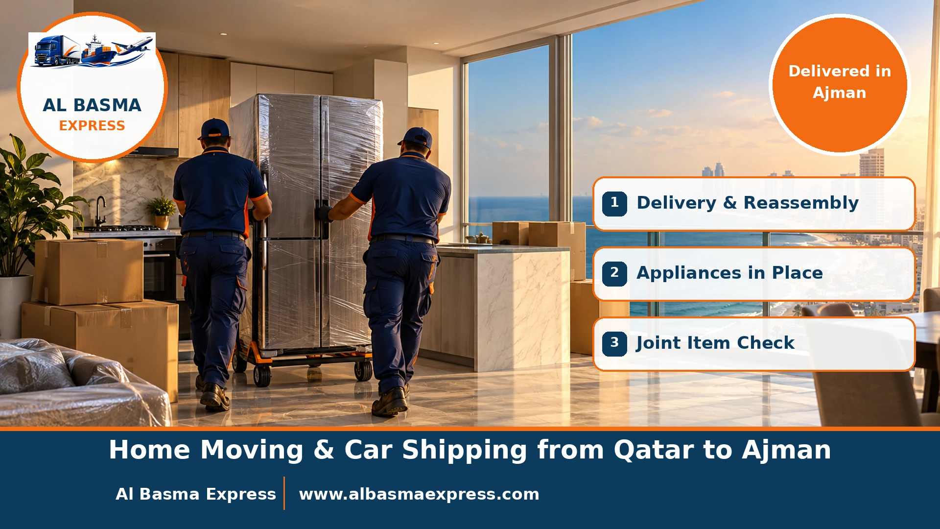 Two workers wheeling a wrapped fridge into the kitchen of a modern apartment in an Ajman Corniche tower