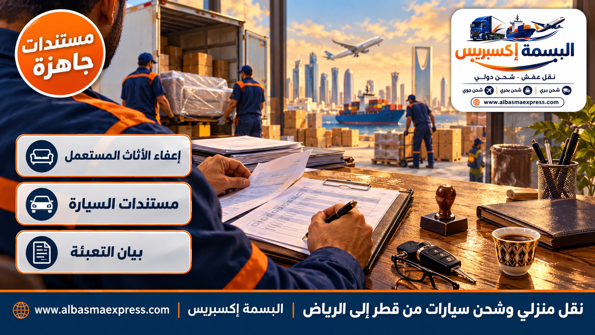 مستندات الشحن وقائمة التعبئة ومفتاح السيارة على مكتب قبل الانتقال من قطر إلى الرياض