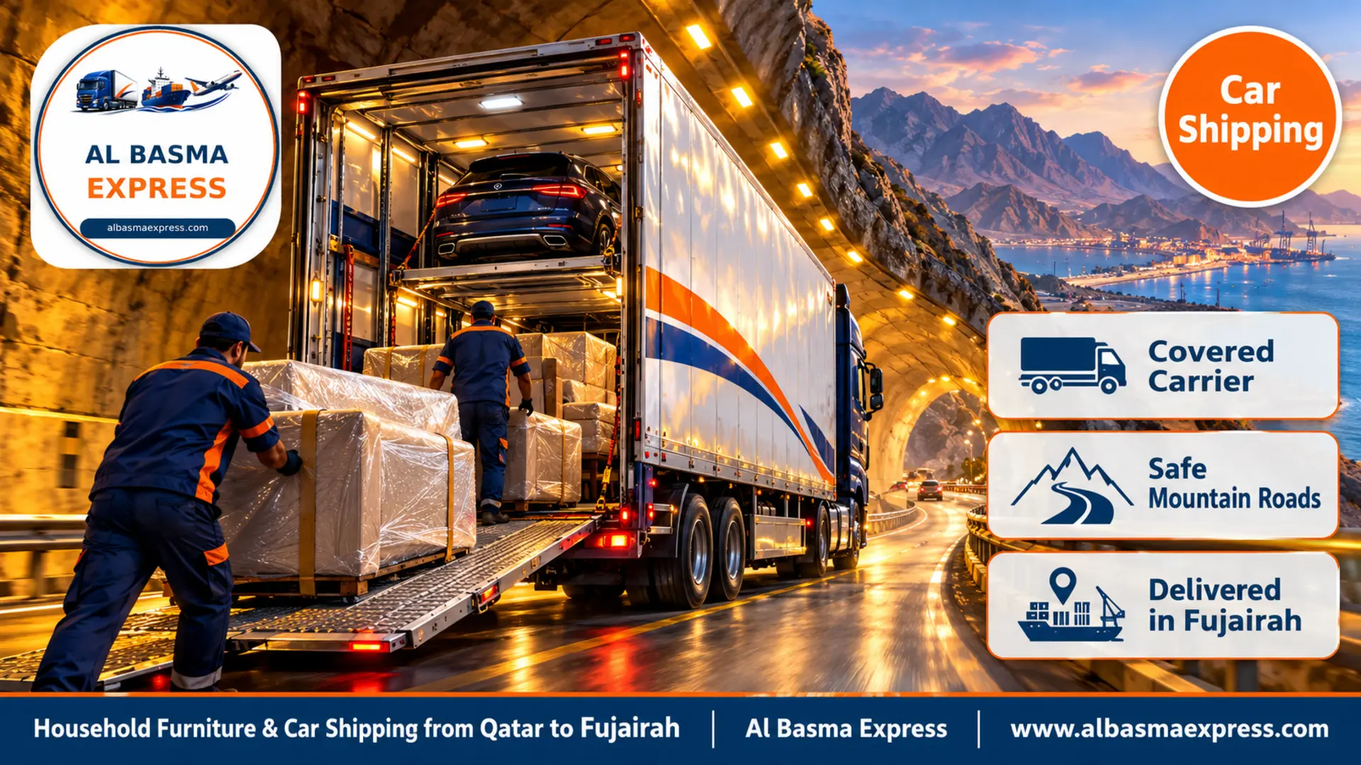 A covered car carrier passing through a lit mountain tunnel on the way to Fujairah