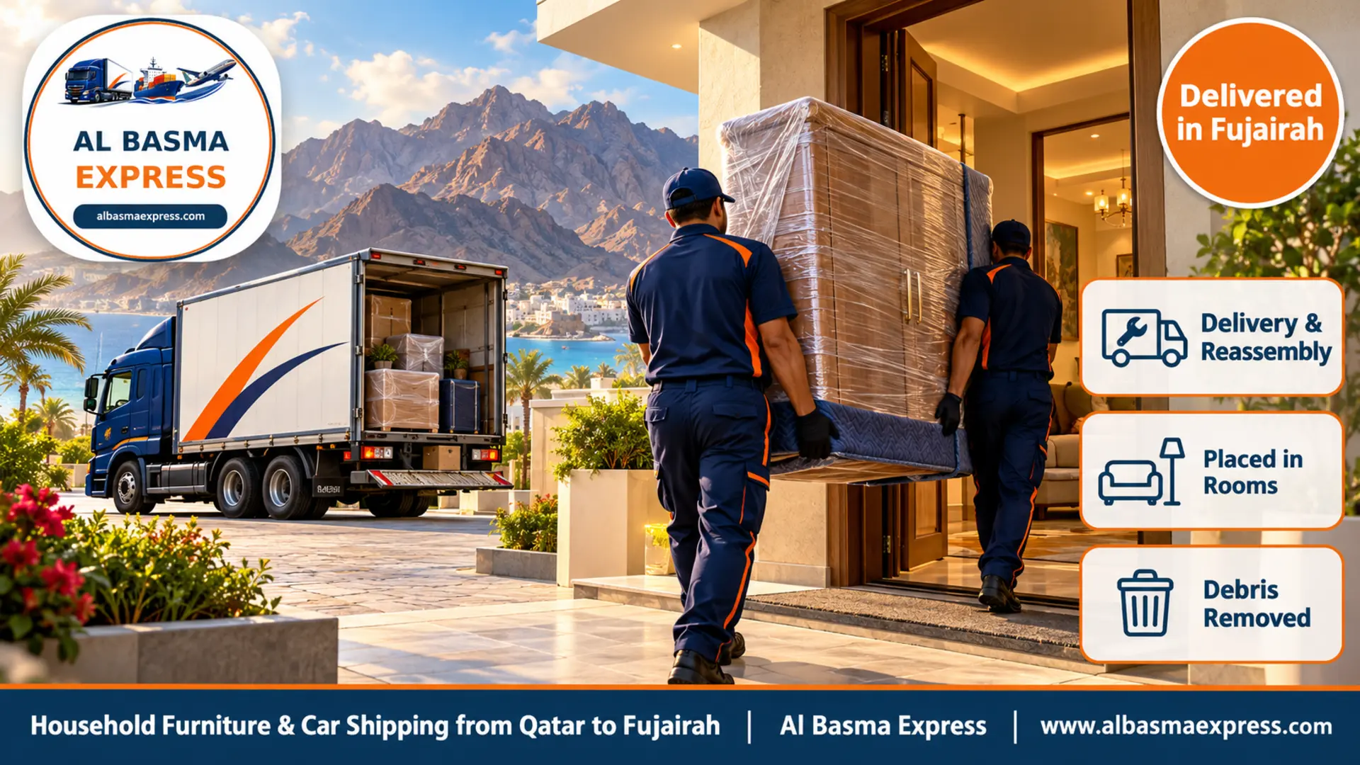 Two workers carrying a wrapped wardrobe into a modern house in Fujairah with mountains behind