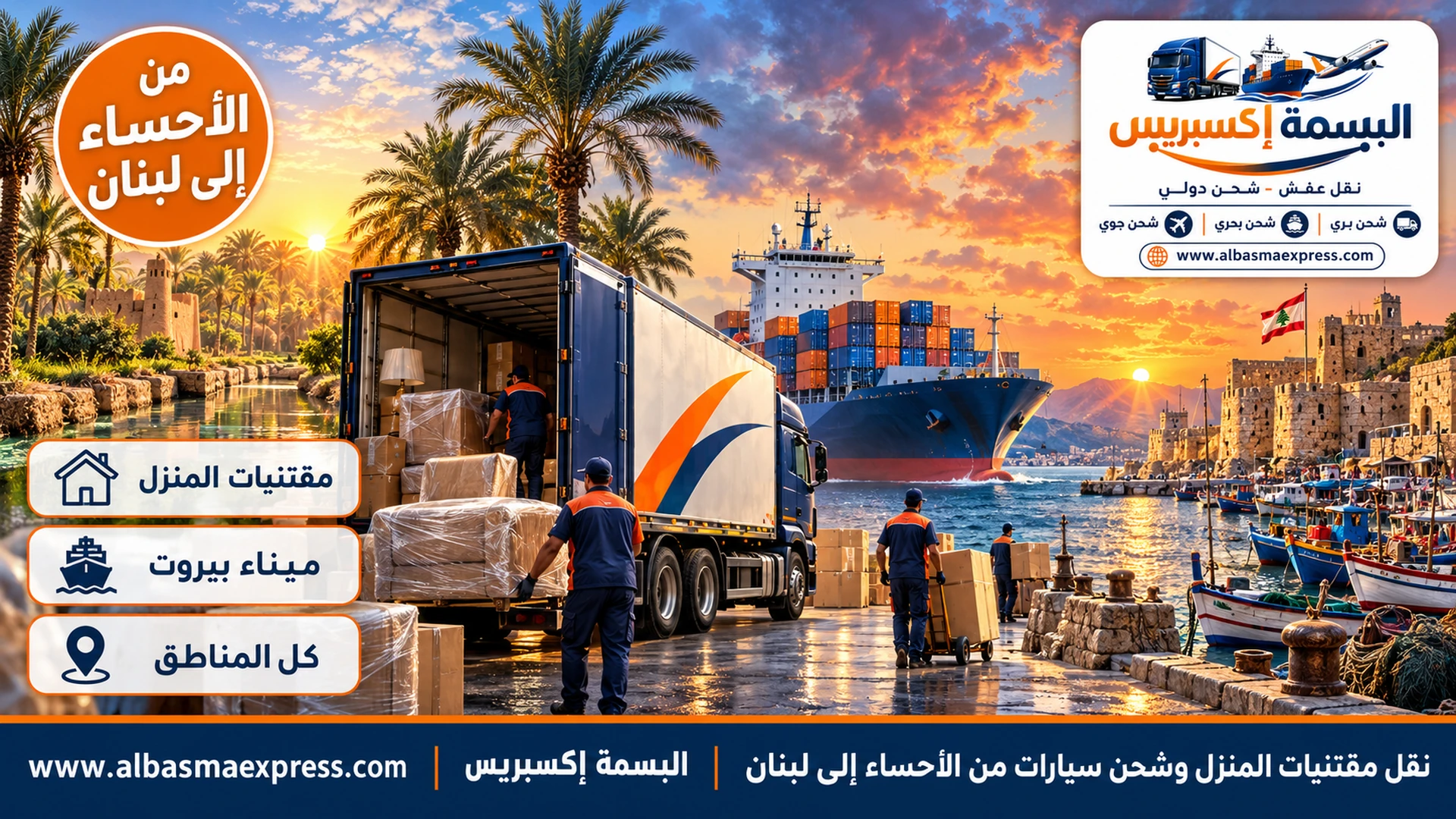 نقل مقتنيات المنزل وشحن سيارات من الأحساء إلى لبنان: دلال وتحف وسجاد يدوي بتغليف لكل فئة حتى بيتك