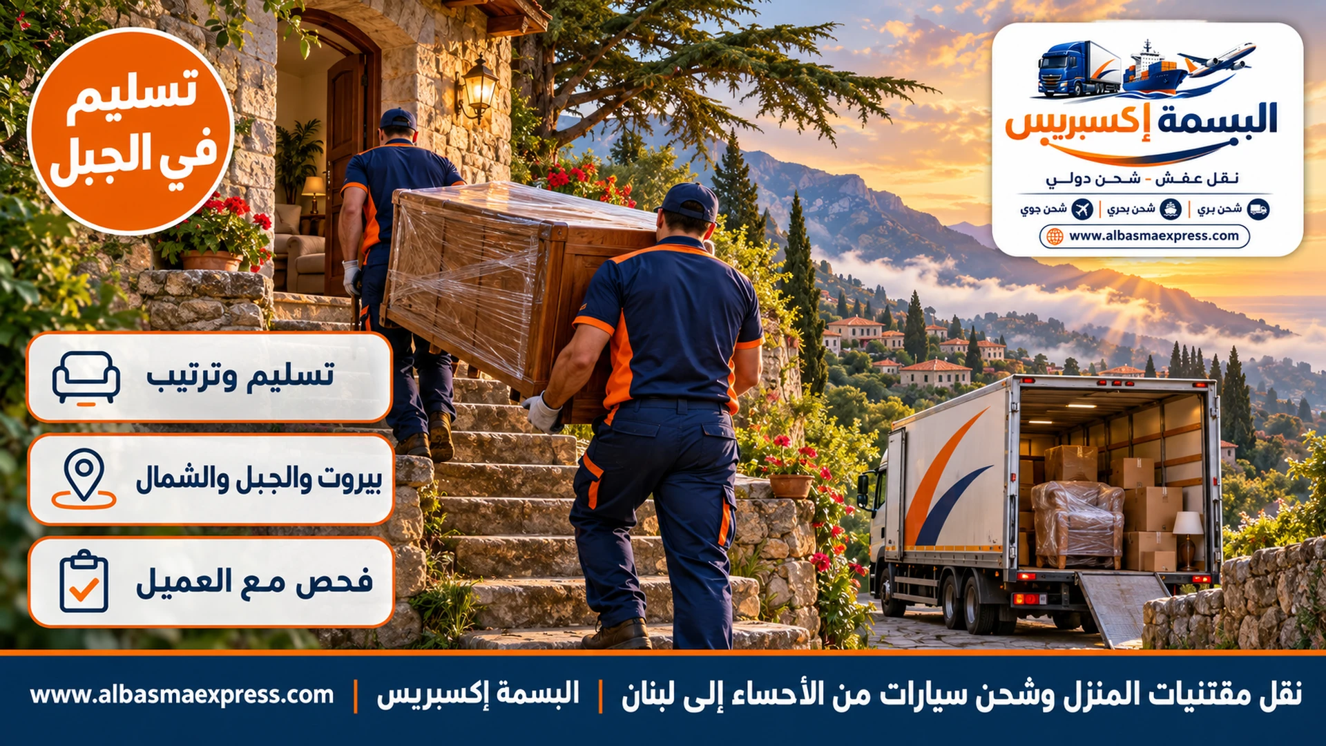 عاملان يحملان صندوقاً خشبياً عبر درج حجري إلى بيت جبلي حجري في قرية لبنانية بين أشجار الأرز والصنوبر وضباب خفيف